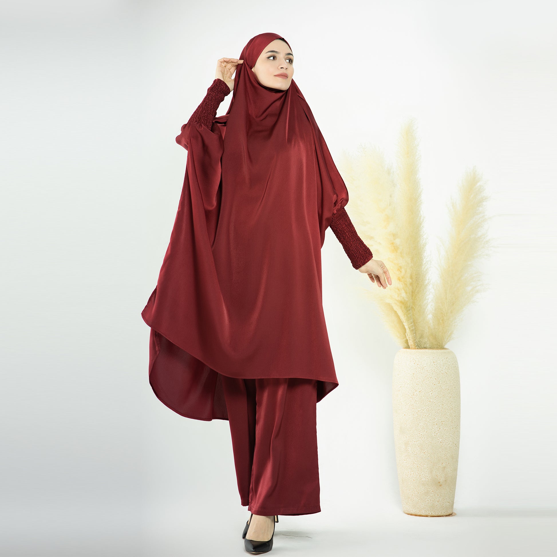 2 Piece Abaya Set, Satin Long Sleeve Top and Wide Leg Pants - Eolante Clothing