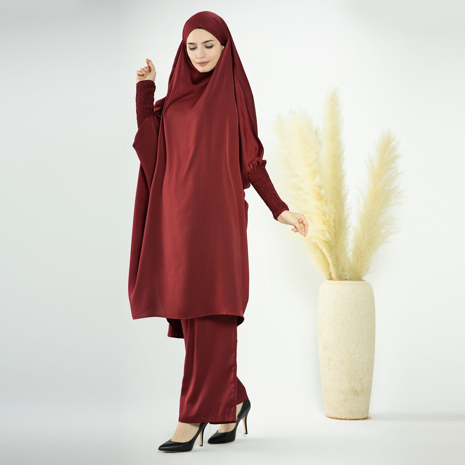 2 Piece Abaya Set, Satin Long Sleeve Top and Wide Leg Pants - Eolante Clothing