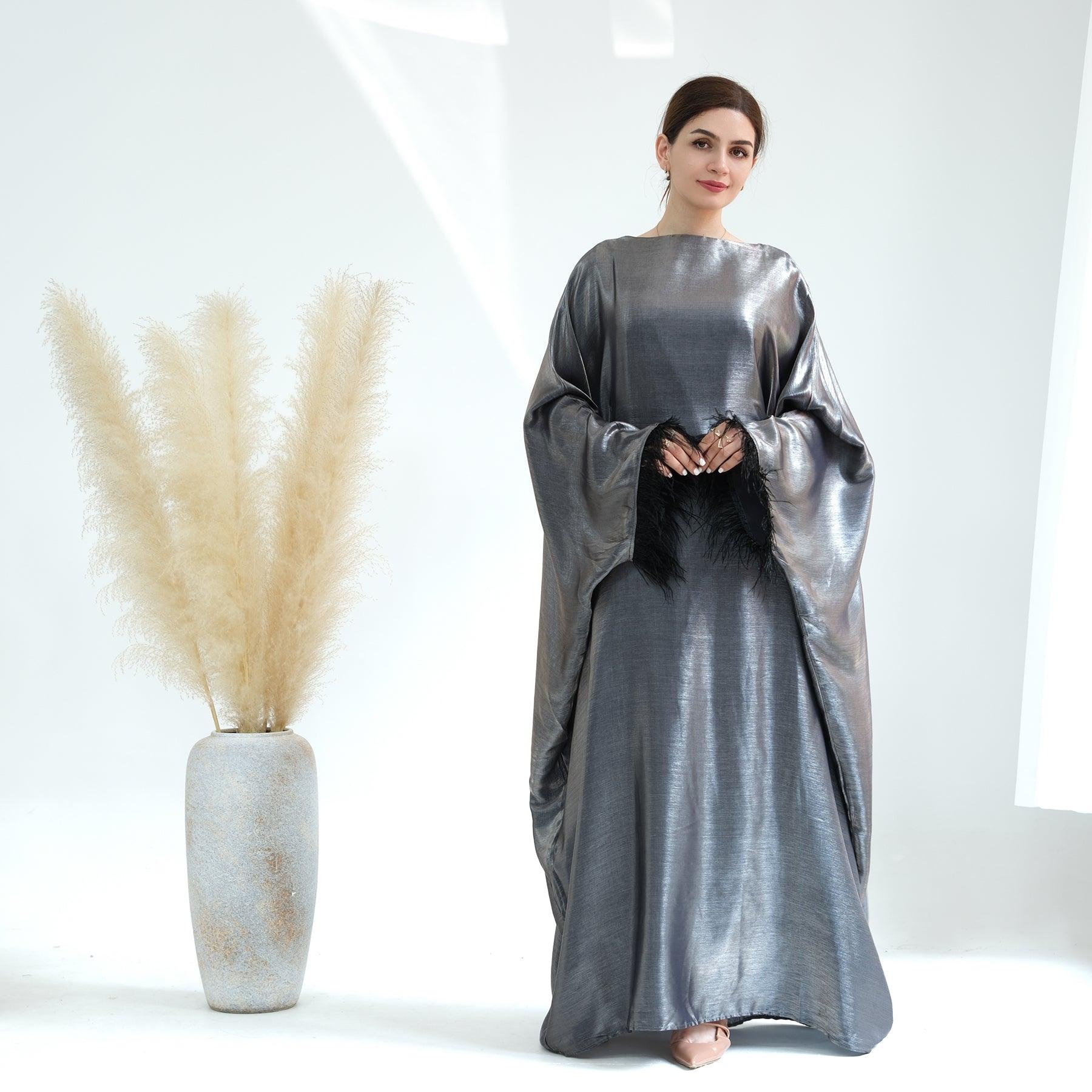 Slate Gray Satin Abaya Dress | Eolante Clothing 