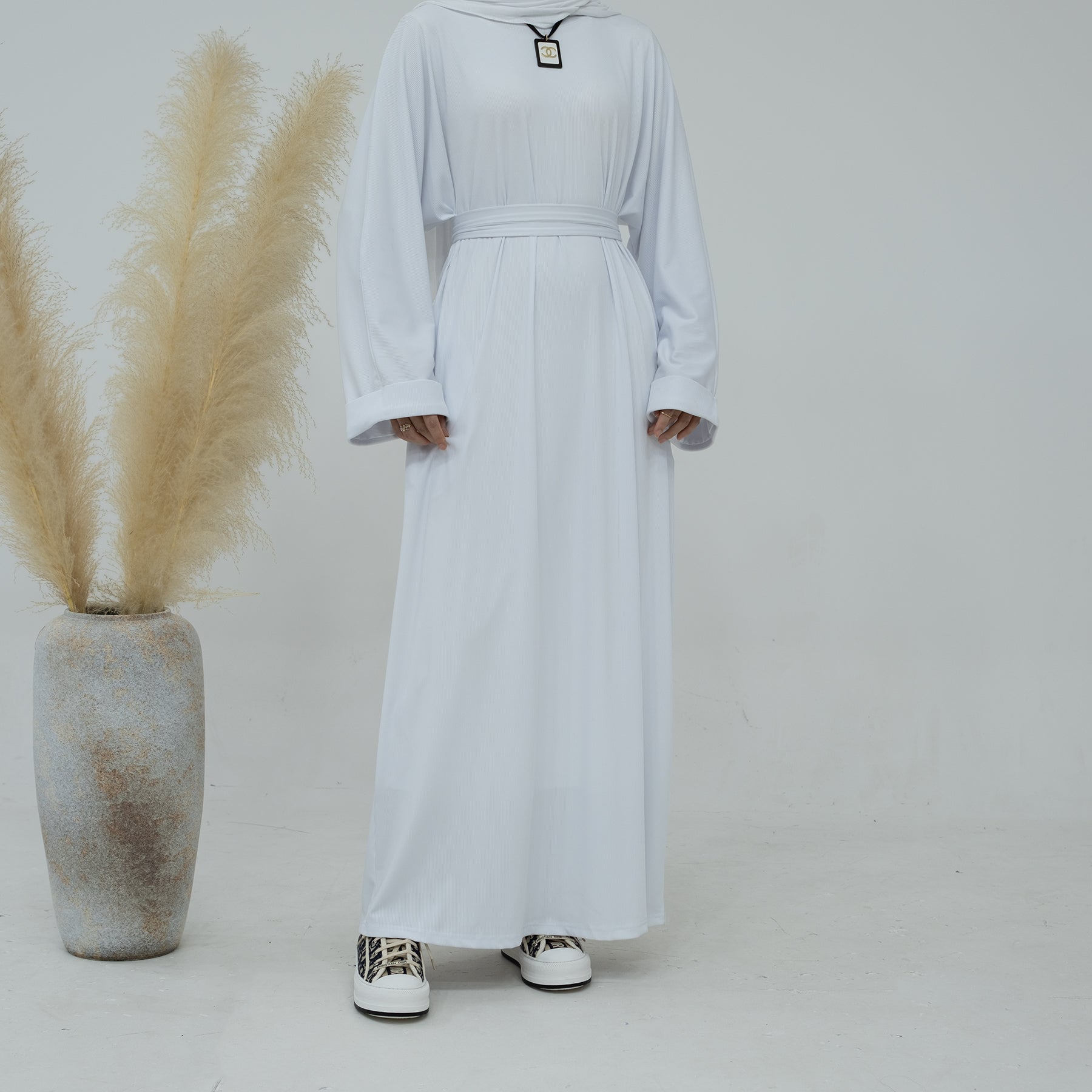 Maxi Dress Abaya in White Knit | Eolante Clothing 