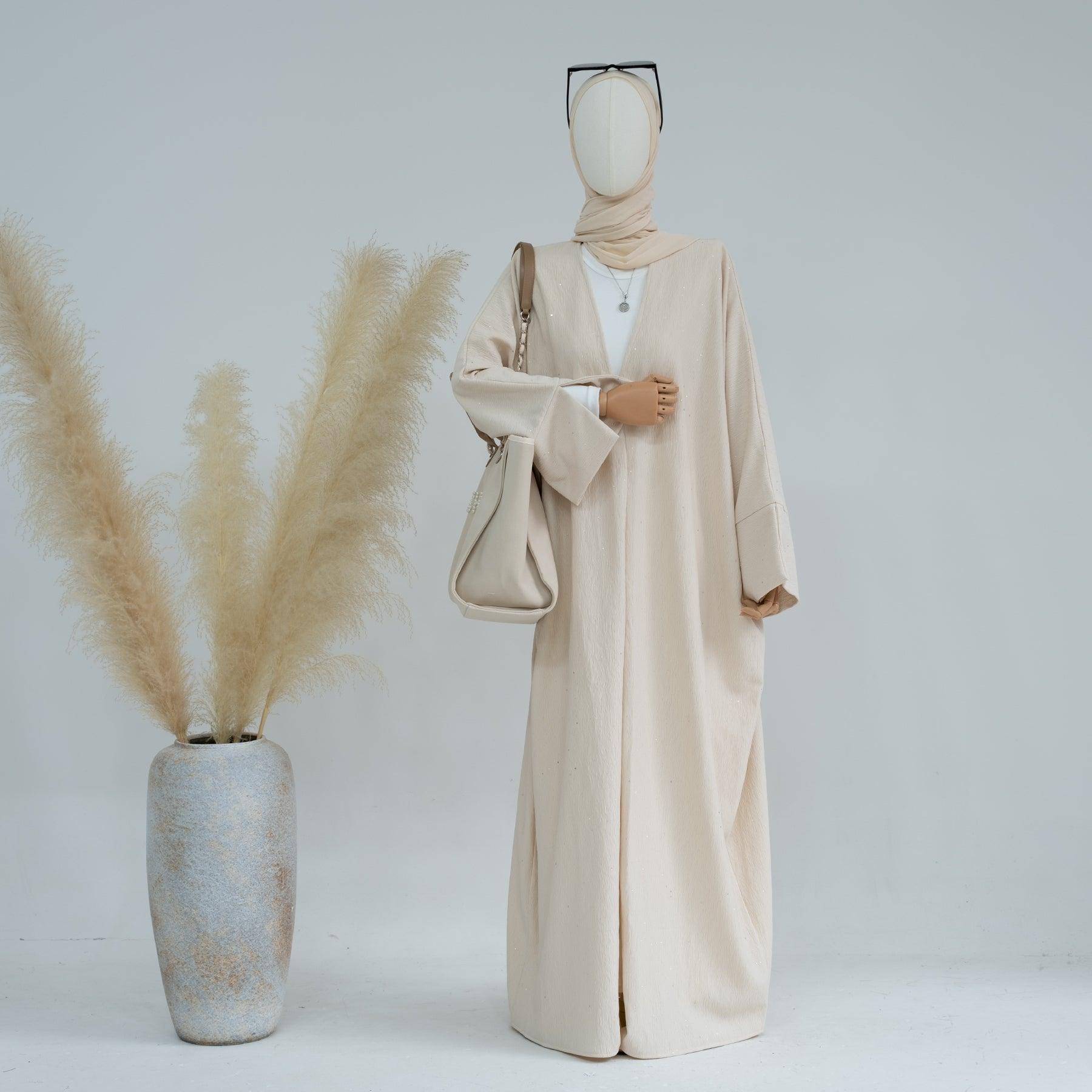 Beige Glittery Open Abaya Dress | Eolante Clothing