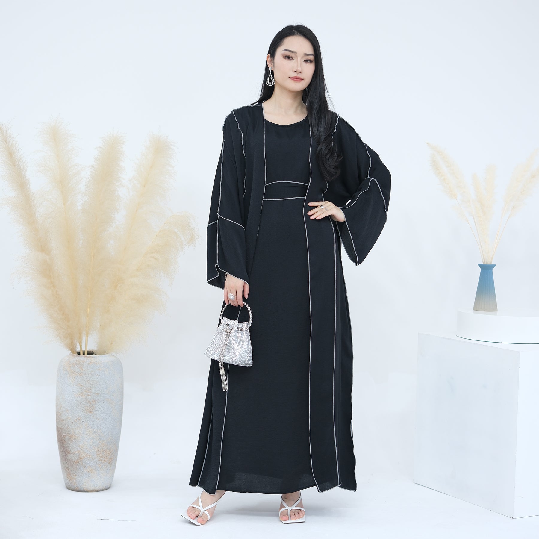 2 Piece Crinkled Satin Abaya Set Reversed Seam - Eolante Clothing