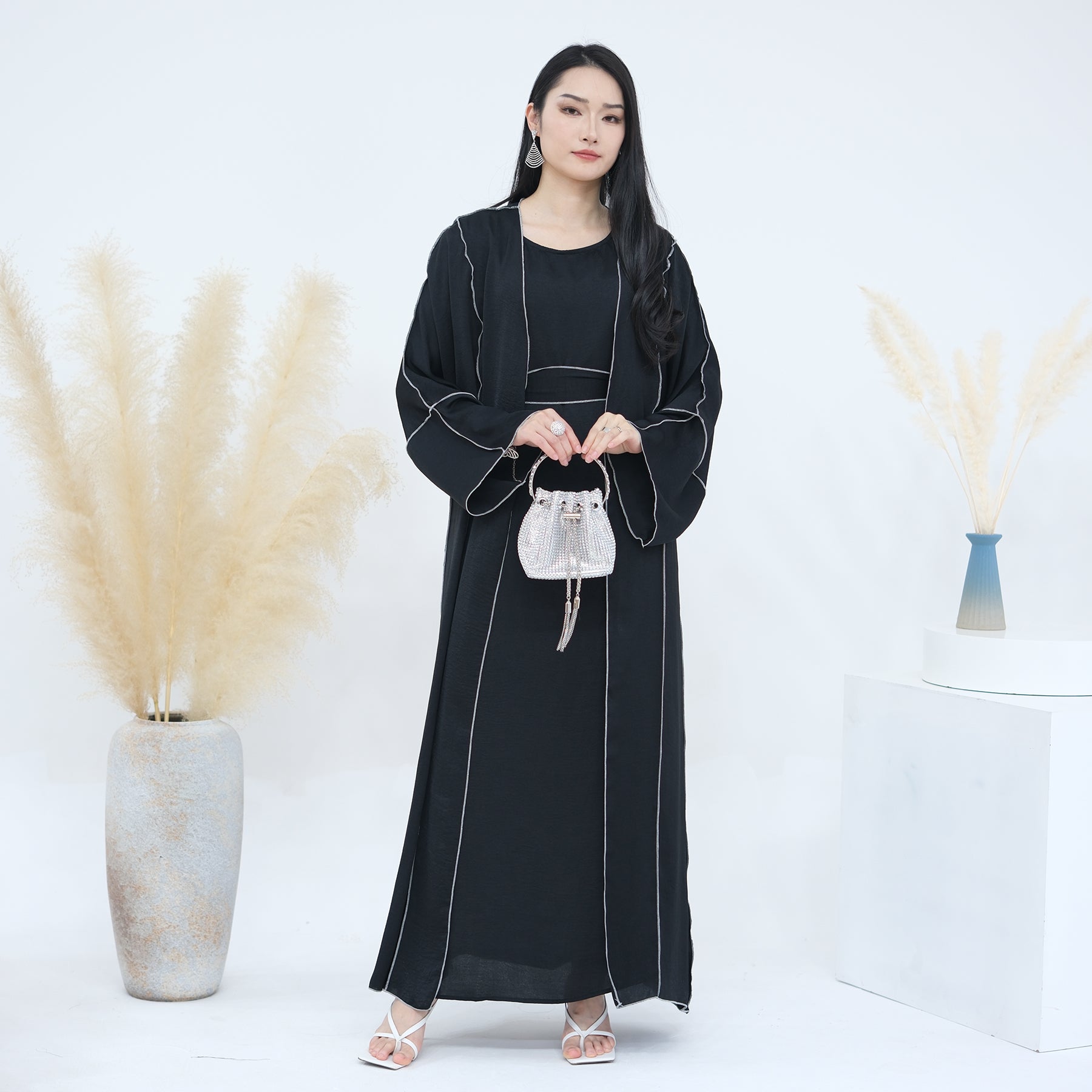 2 Piece Crinkled Satin Abaya Set Reversed Seam - Eolante Clothing