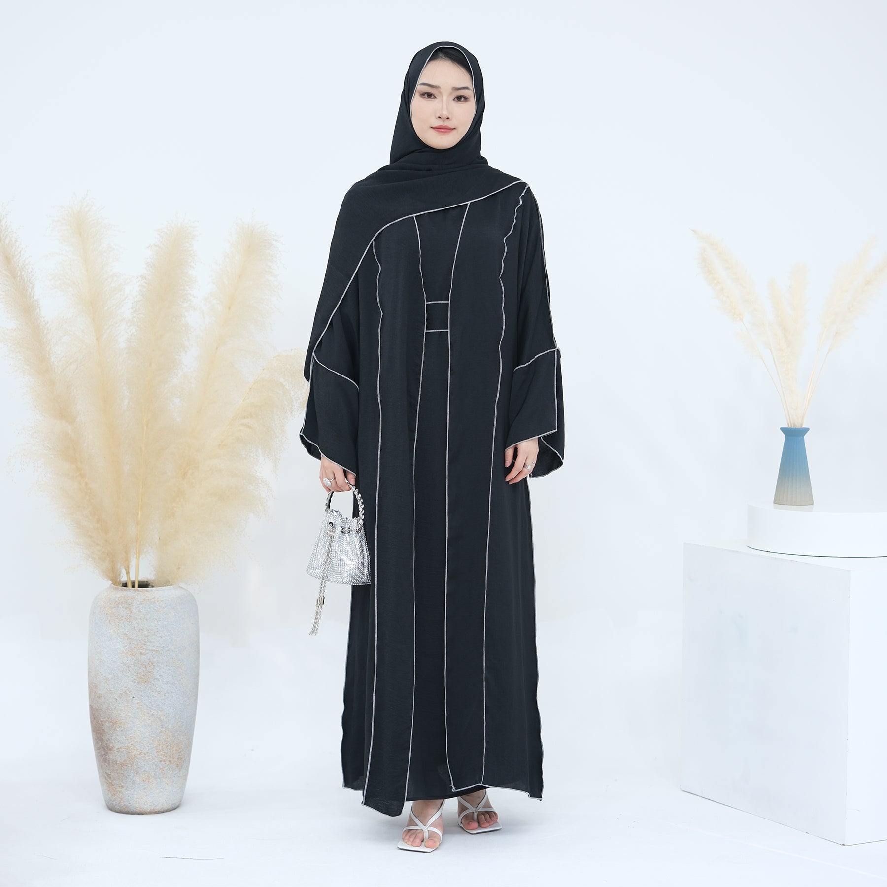 2 Piece Crinkled Satin Abaya Set Reversed Seam - Eolante Clothing