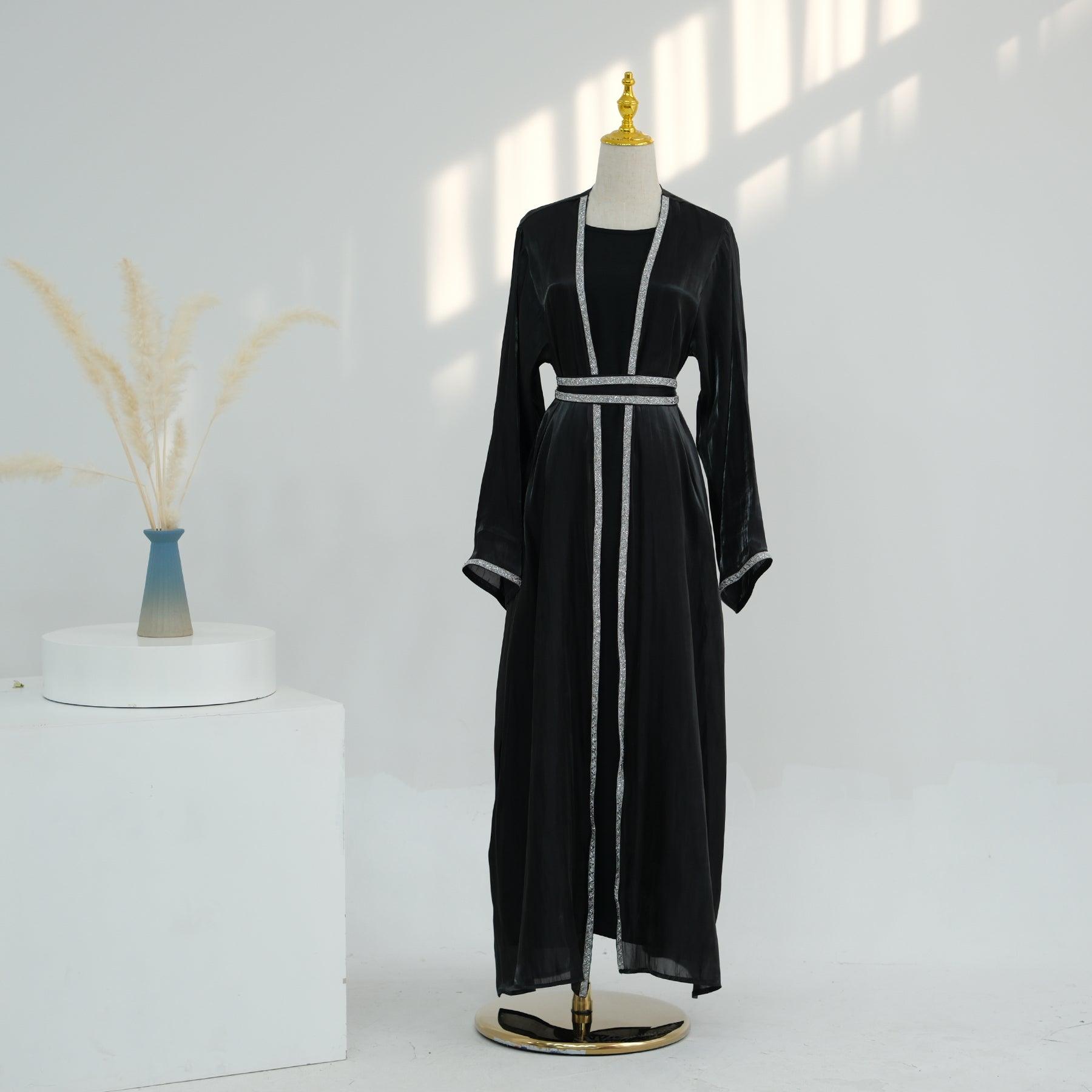 Satin Open Abaya in Black | Eolante Clothing