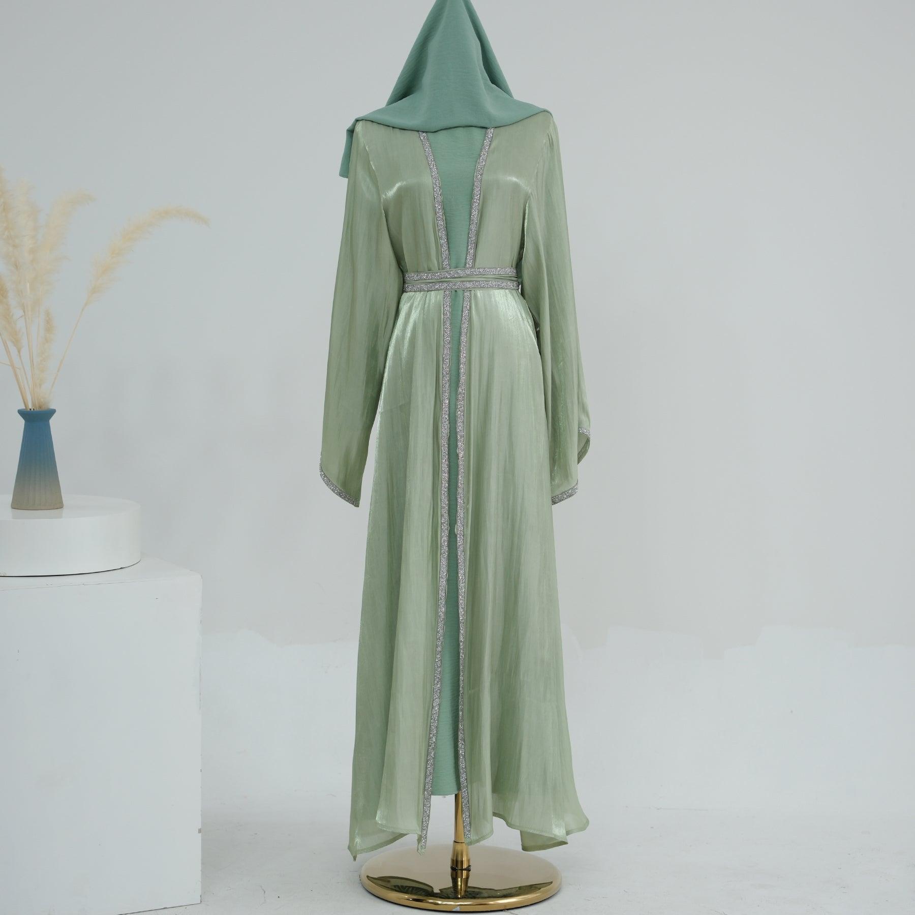 Satin Open Abaya in Mint Green | Eolante Clothing 