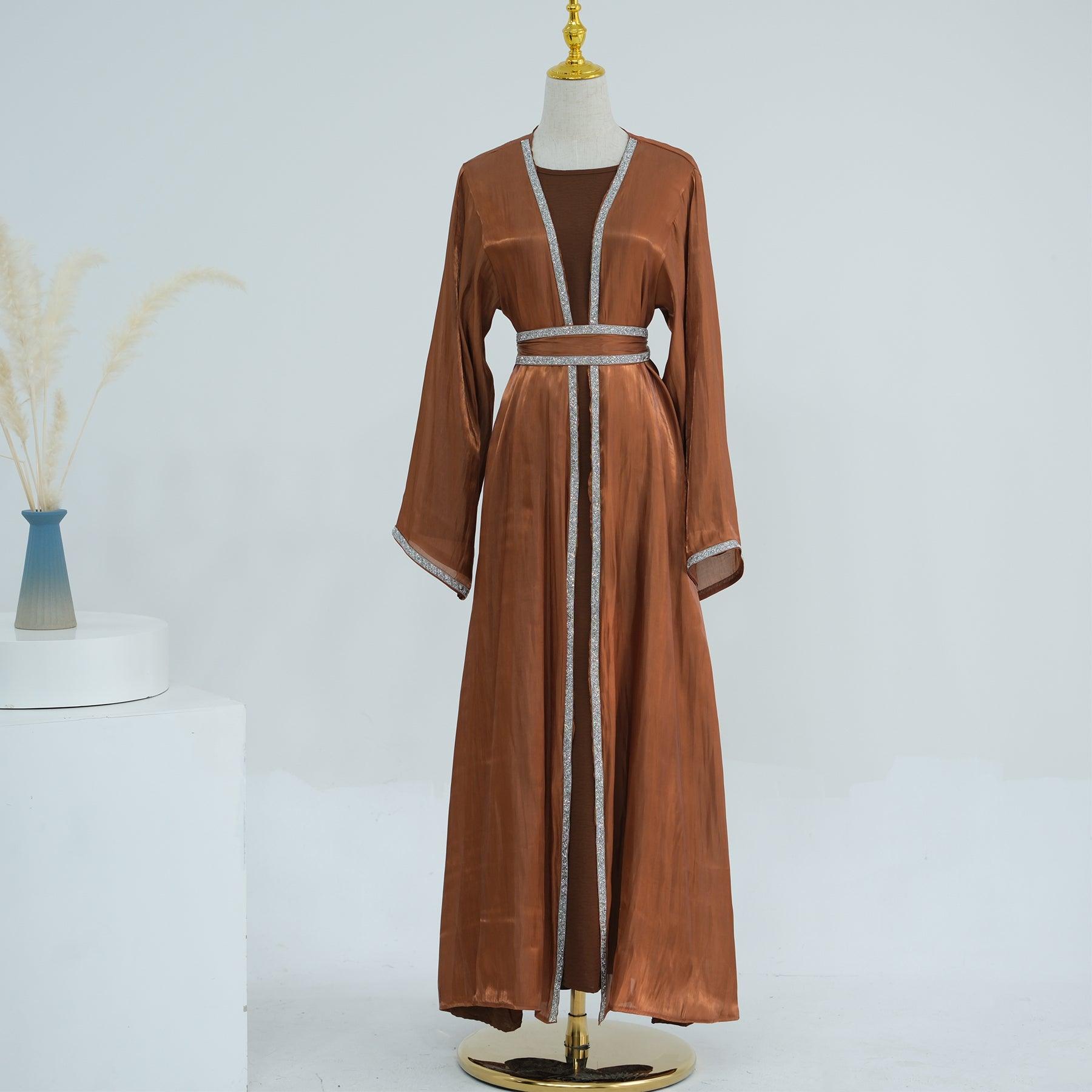 Open Abaya with Glittery Belt in Coffee | Eolante Clothing 