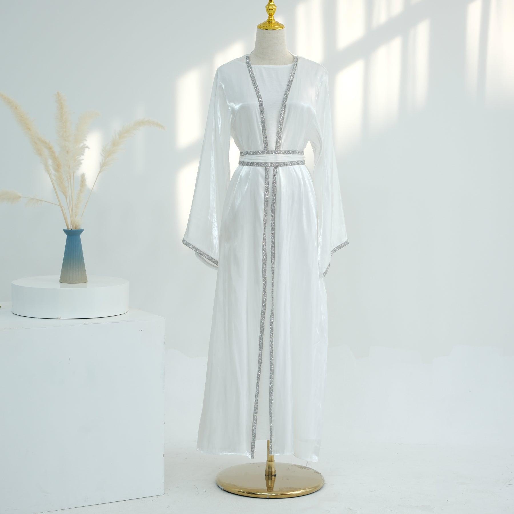 White Satin Abaya with Glittery Belt | Eolante Clothing