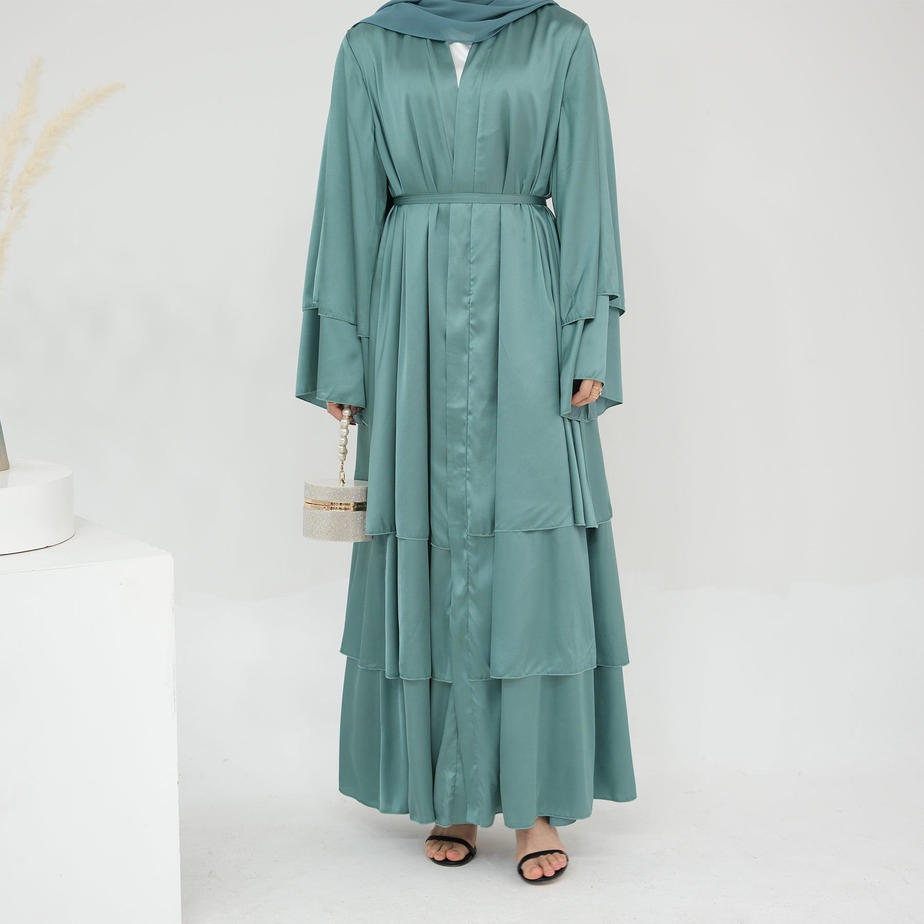 Satin Open Abaya in Jade Green | Eolante Clothing 