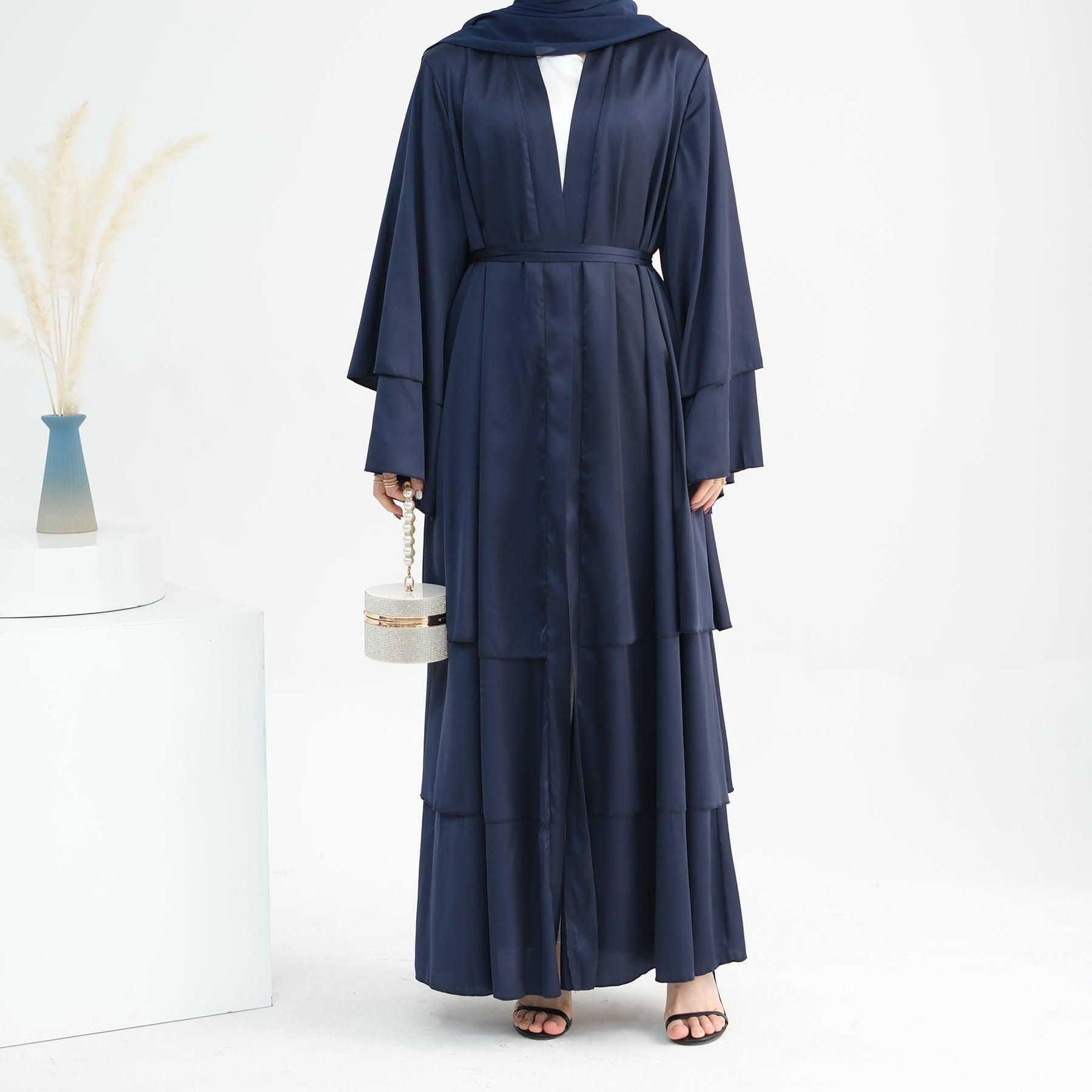 Navy Satin Abaya with Bell Sleeves | Eolante Clothing 