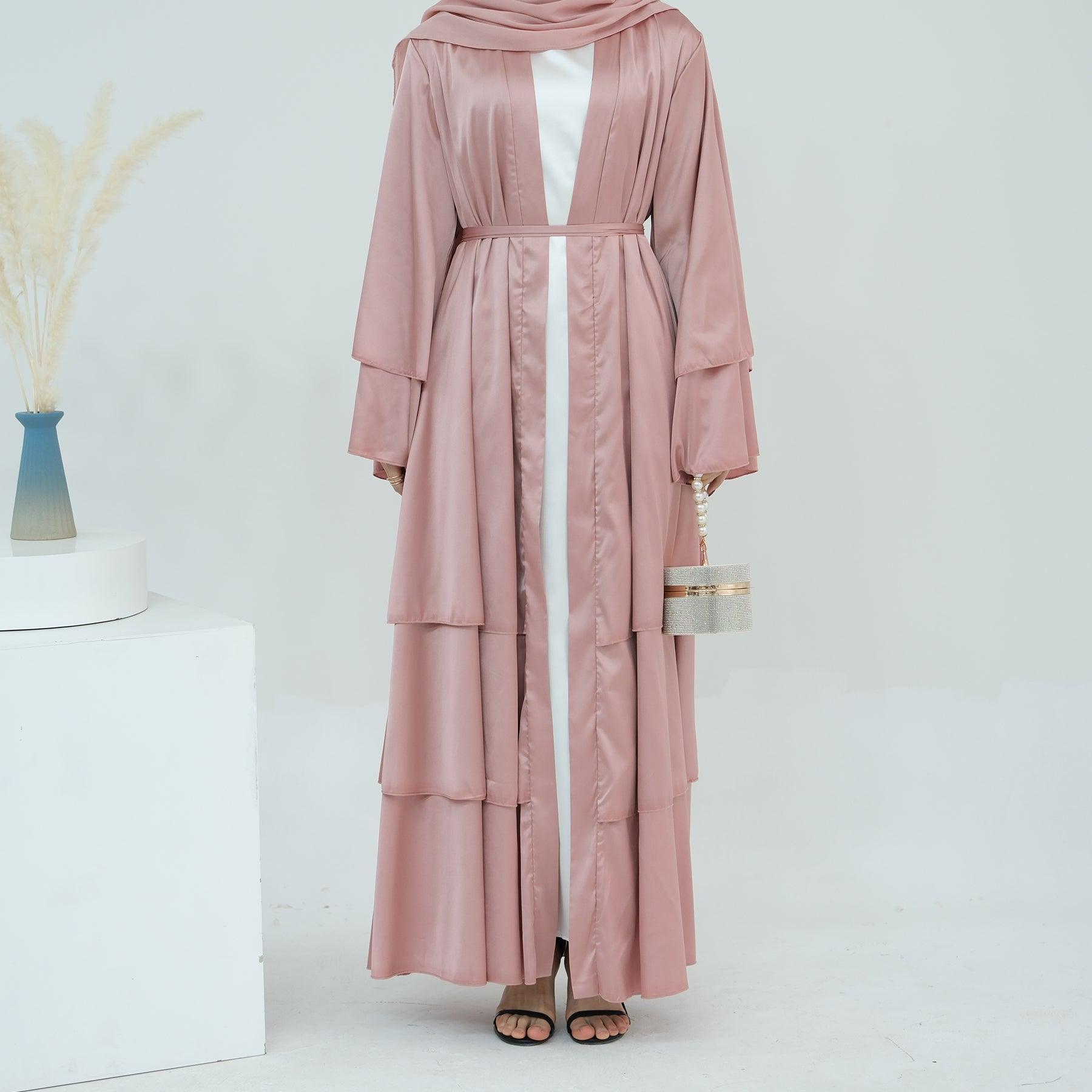 Pink Satin Abaya with Bell Sleeves | Eolante Clothing 