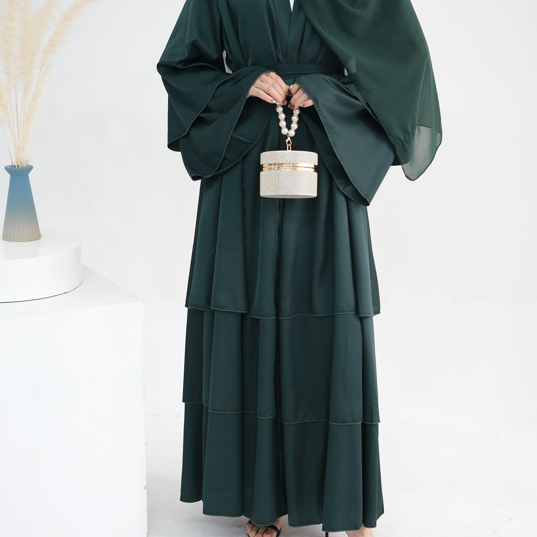 Satin Open Abaya in Dark Green | Eoalante Clothing 