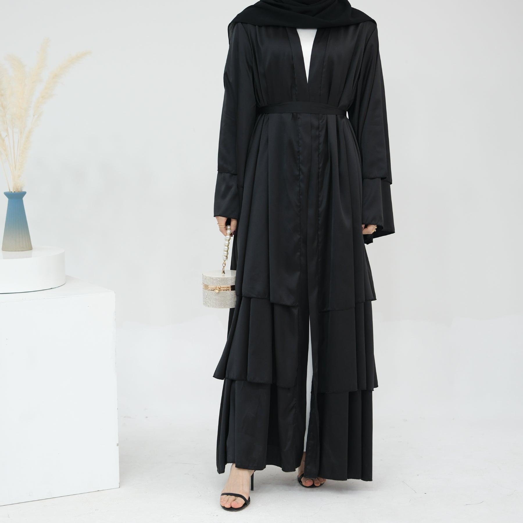 Satin Black in Open Abaya | Eolante Clothing 