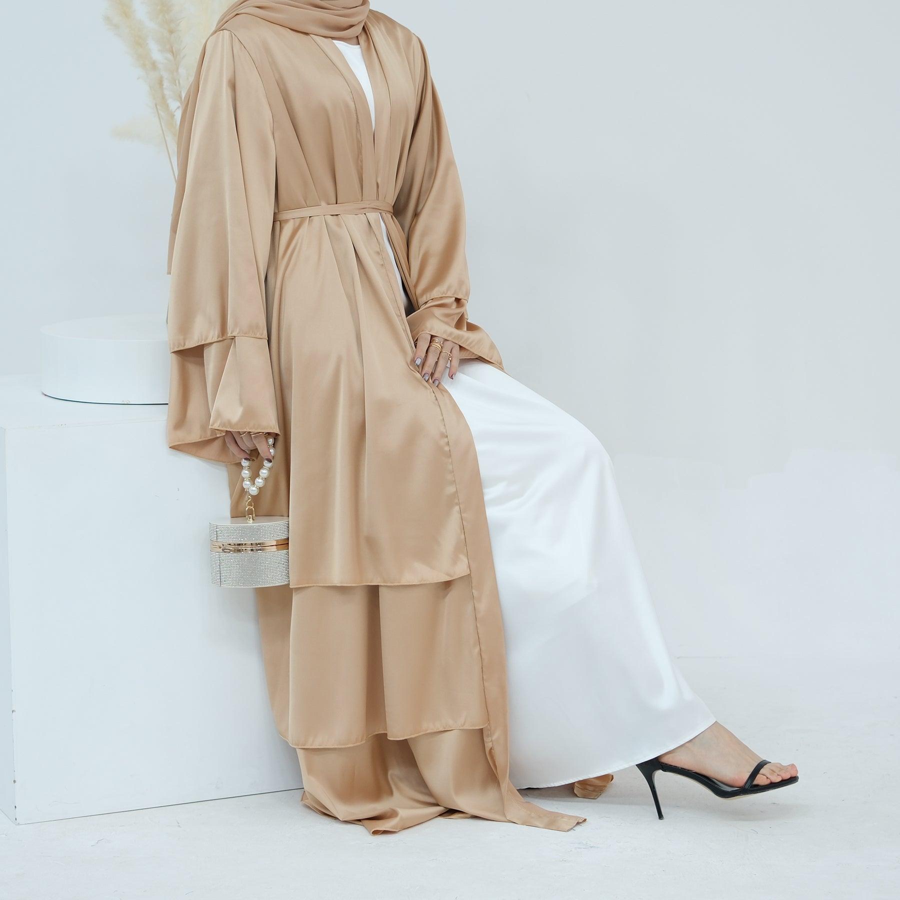 Almond Satin in Open Abaya | Eolante Clothing 