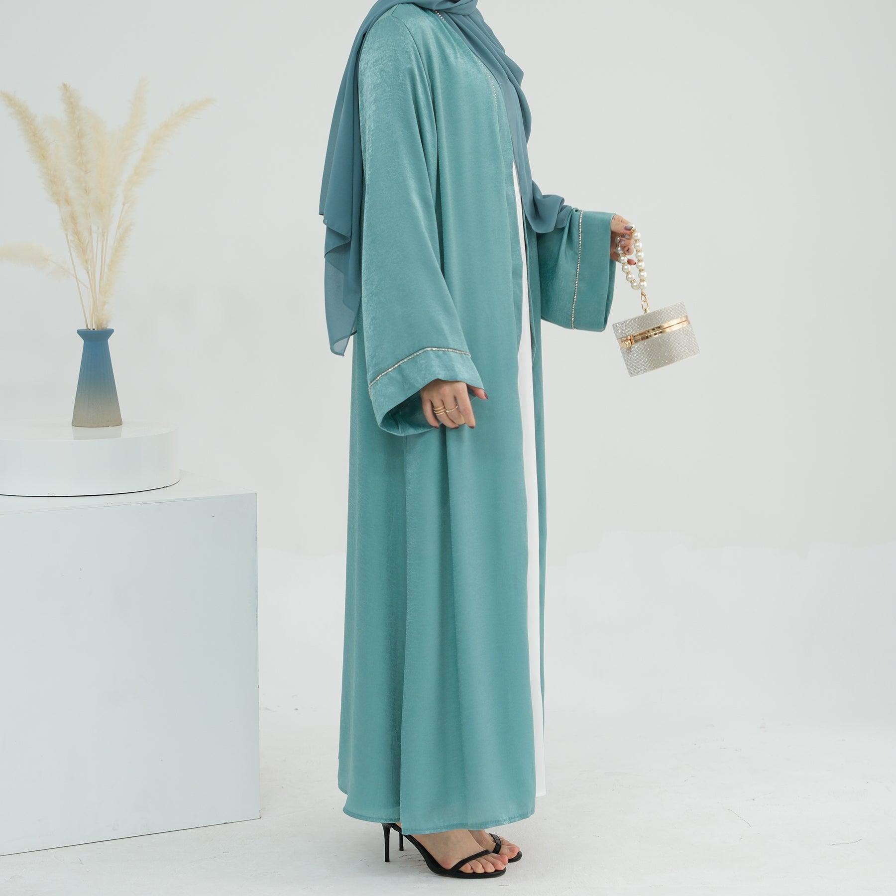 Green Open Abaya Embroidered with Hijab | Eolante Clothing