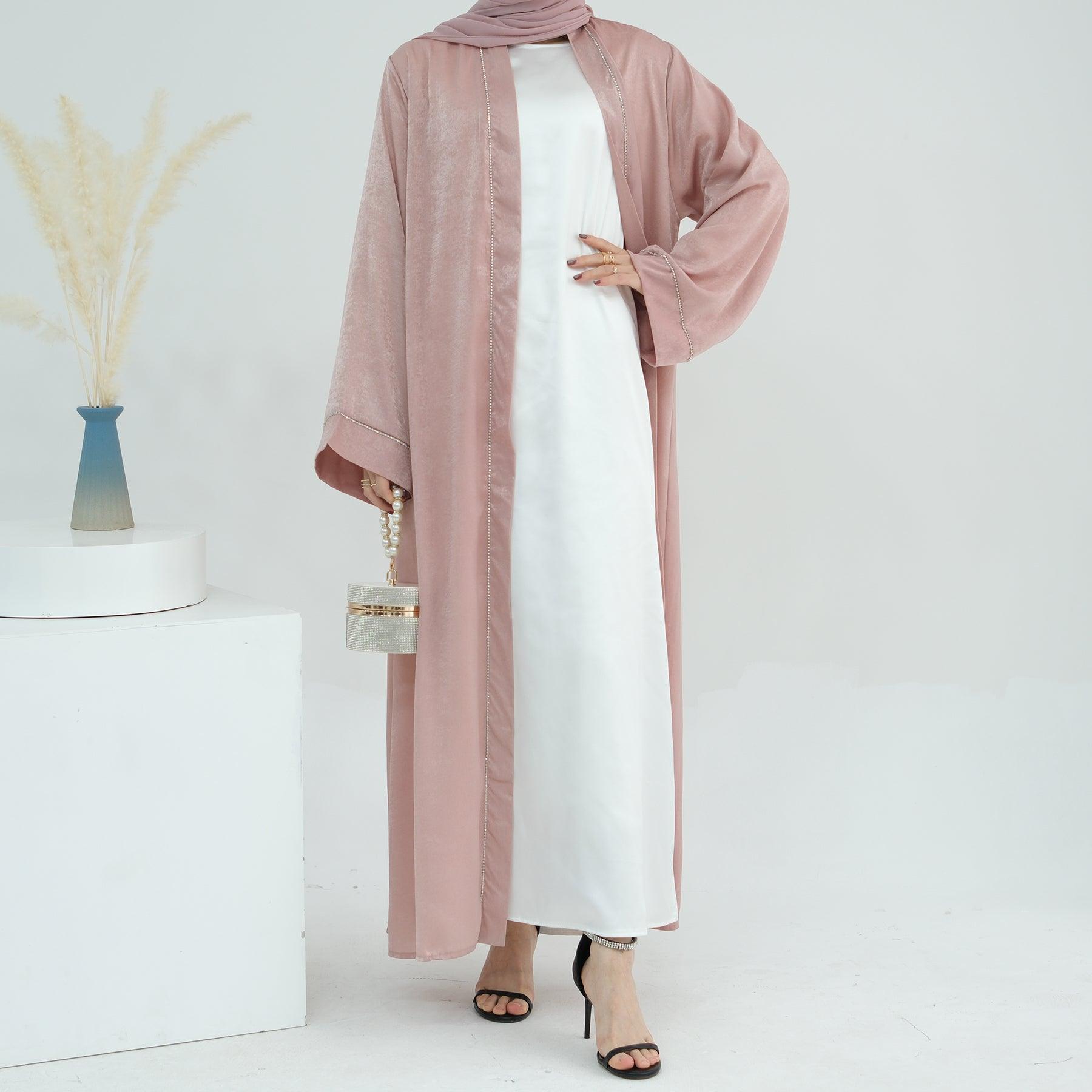 Open Abaya with Pink Embroidery and Hijab | Eolante Clothing