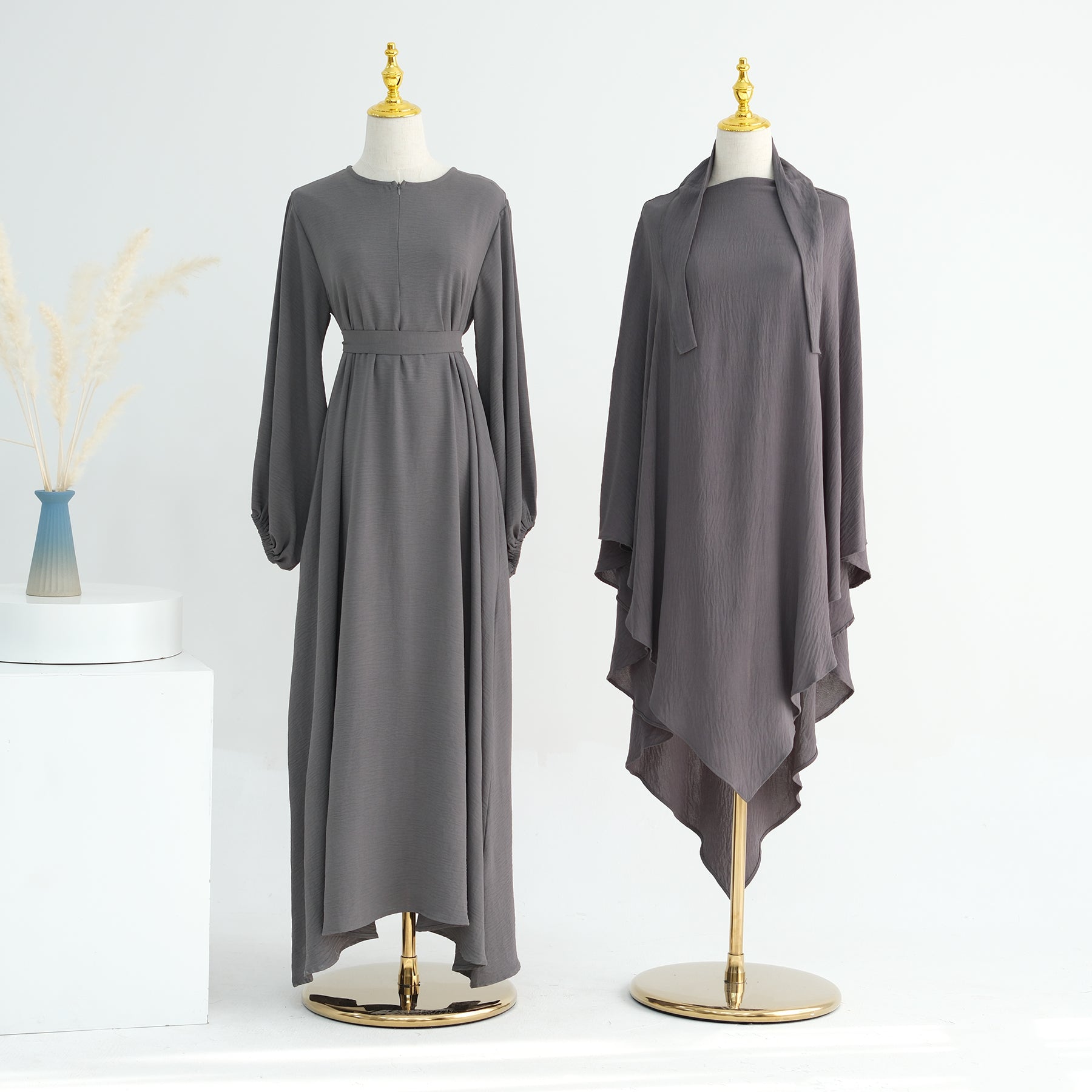 Dark Gray Gathered Sleeves in Maxi Dress | Eolante Clothing