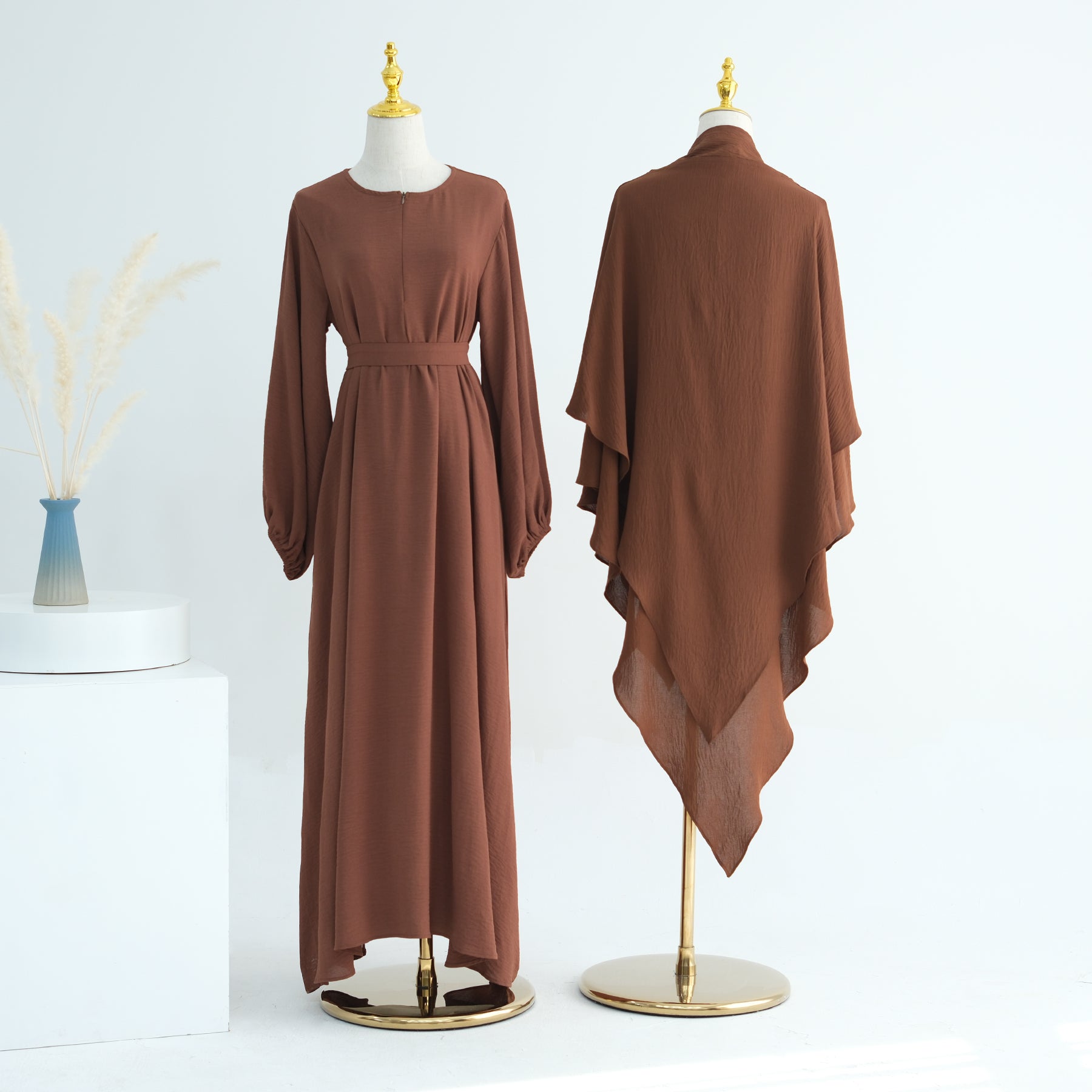 Gathered Sleeve Maxi Abaya in Coffee | Eolante Clothing 