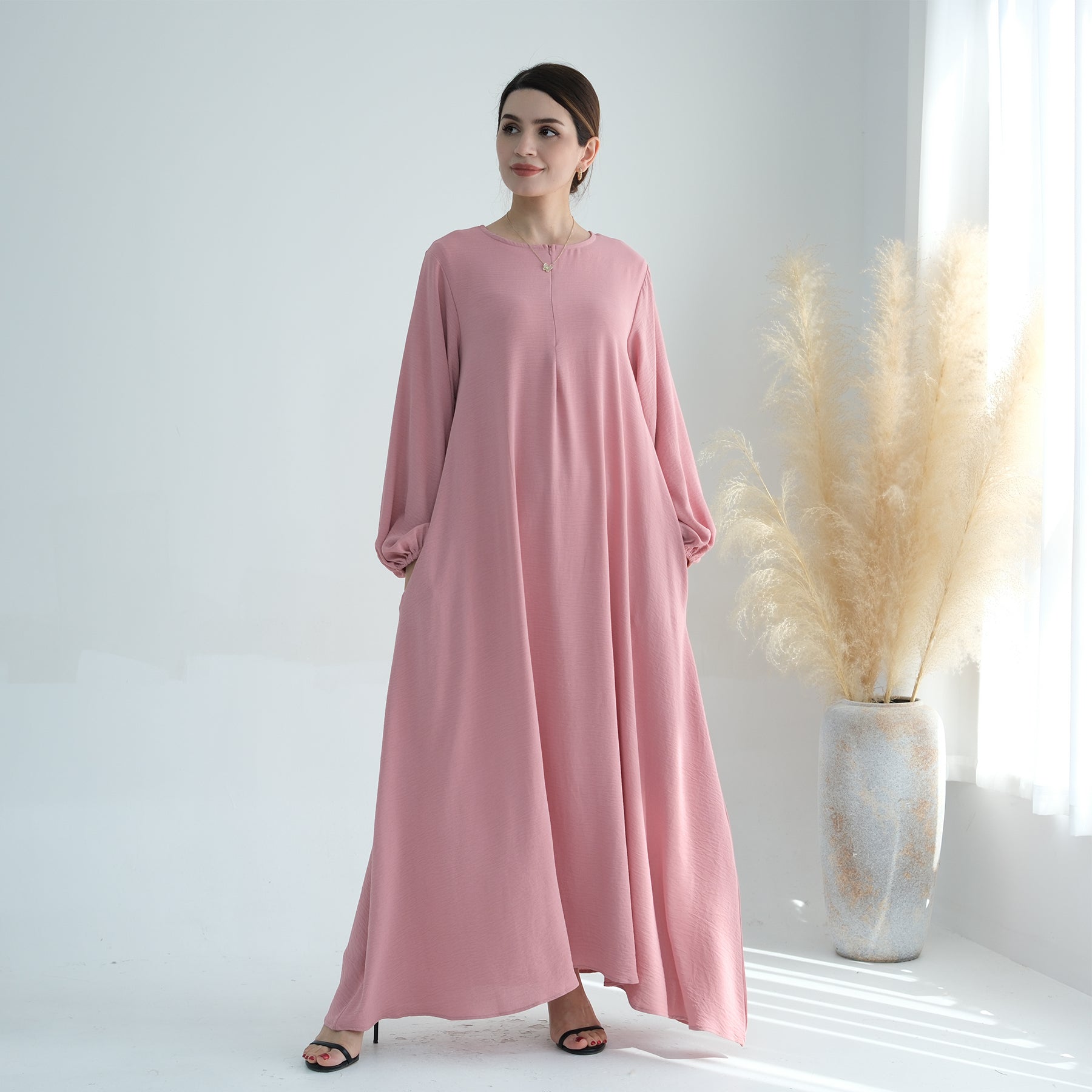 Gathered Sleeves In Petal Pink Maxi Dress | Eolante Clothing 