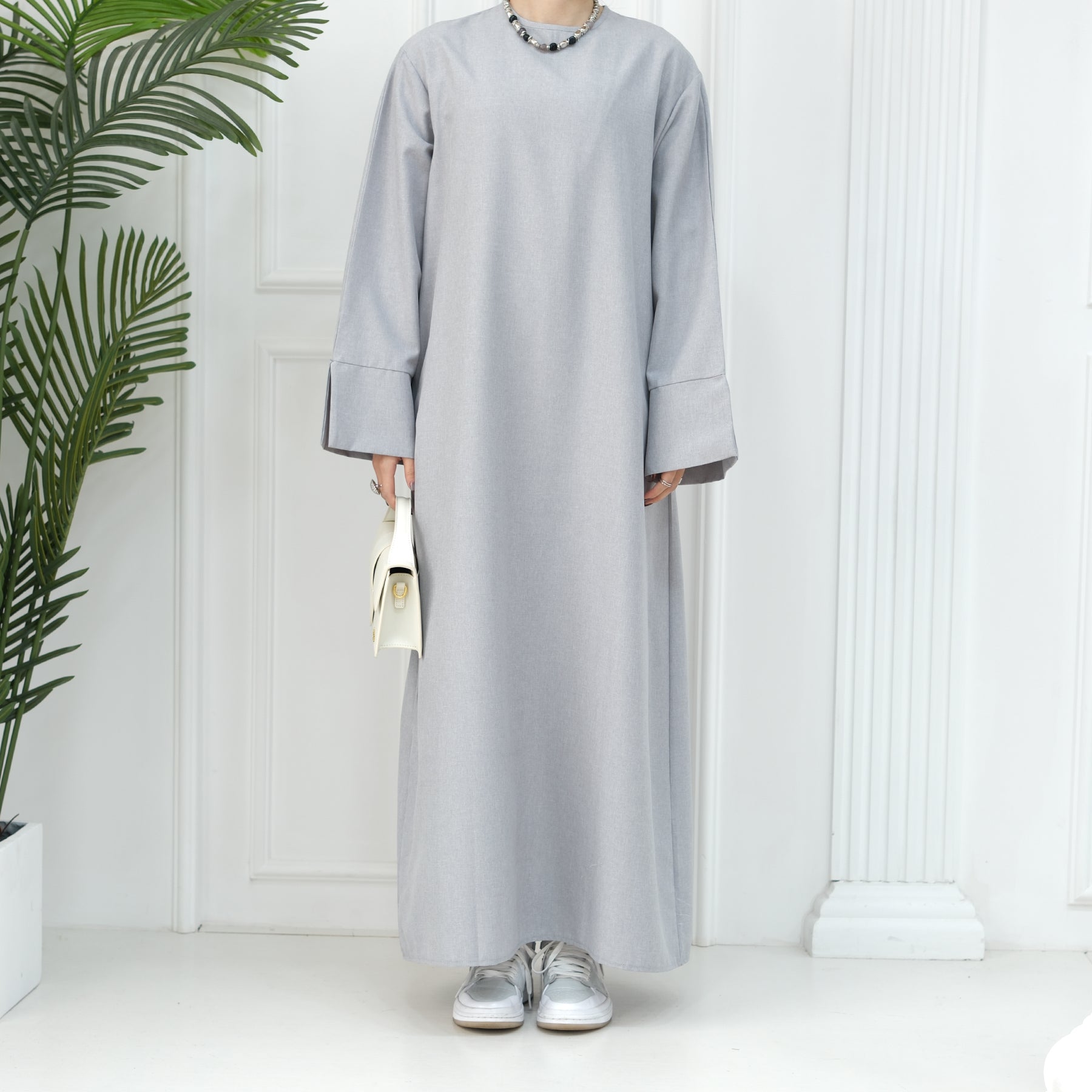 Light Gray Maxi Abaya with Side Slit | Eolante Clothing 