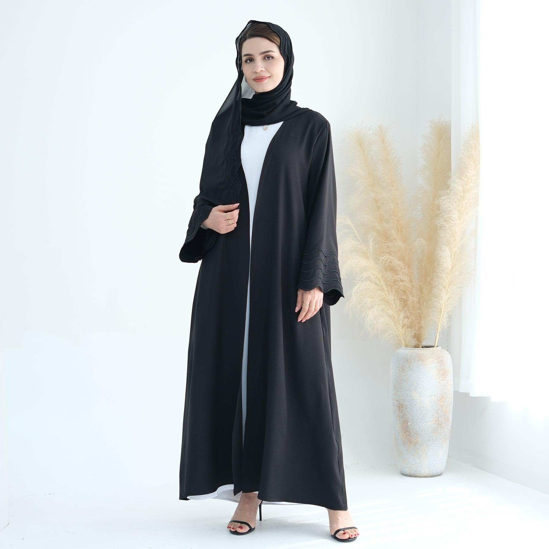 Wavy Open Abaya with Hijab in Black | Eolante Clothing 