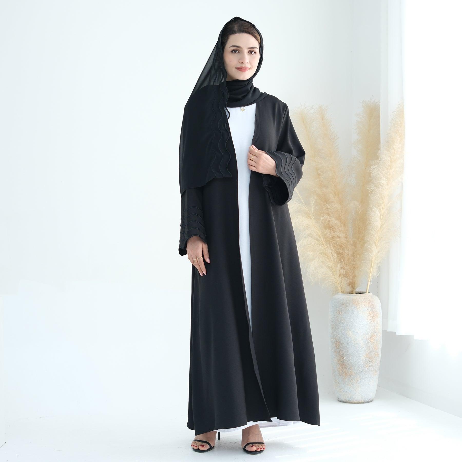 Embroidered Open Abaya & Hijab in Black | Eolante Clothing 