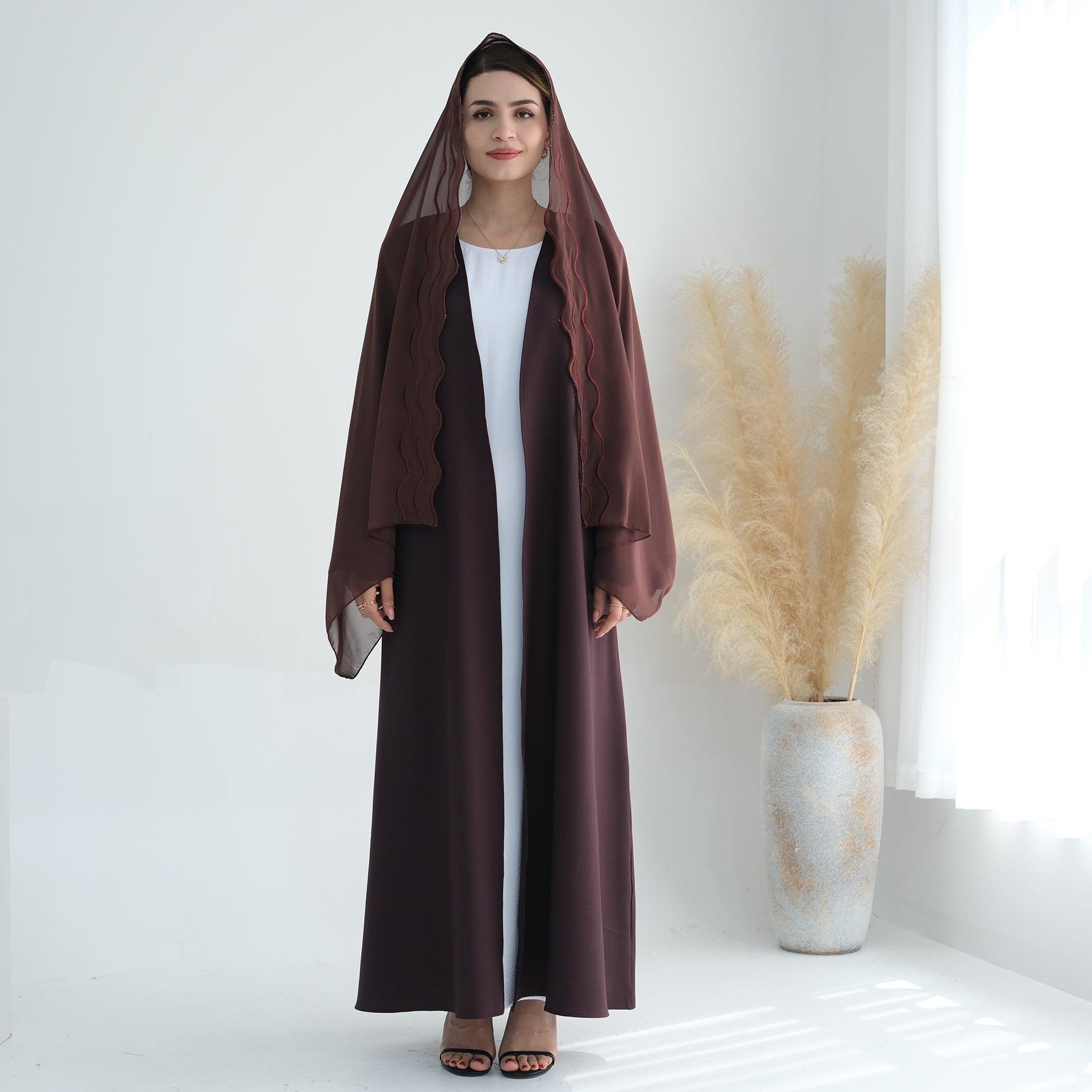 Coffee Open Abaya & Hijab with Embroidery | Eolante Clothing 