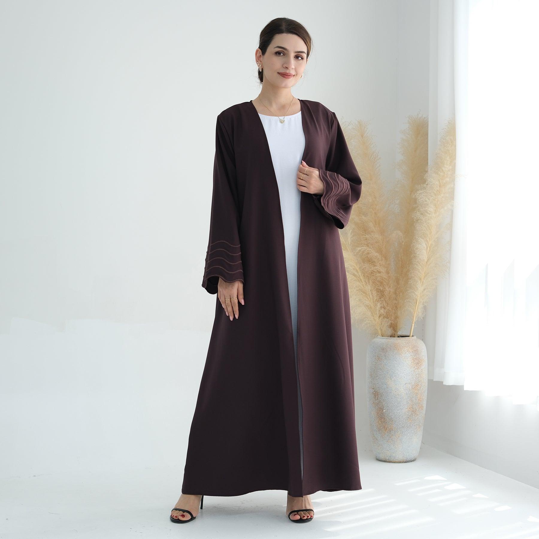 Open Abaya & Hijab with Wavy Embroidery in Coffee | Eolante Clothing 