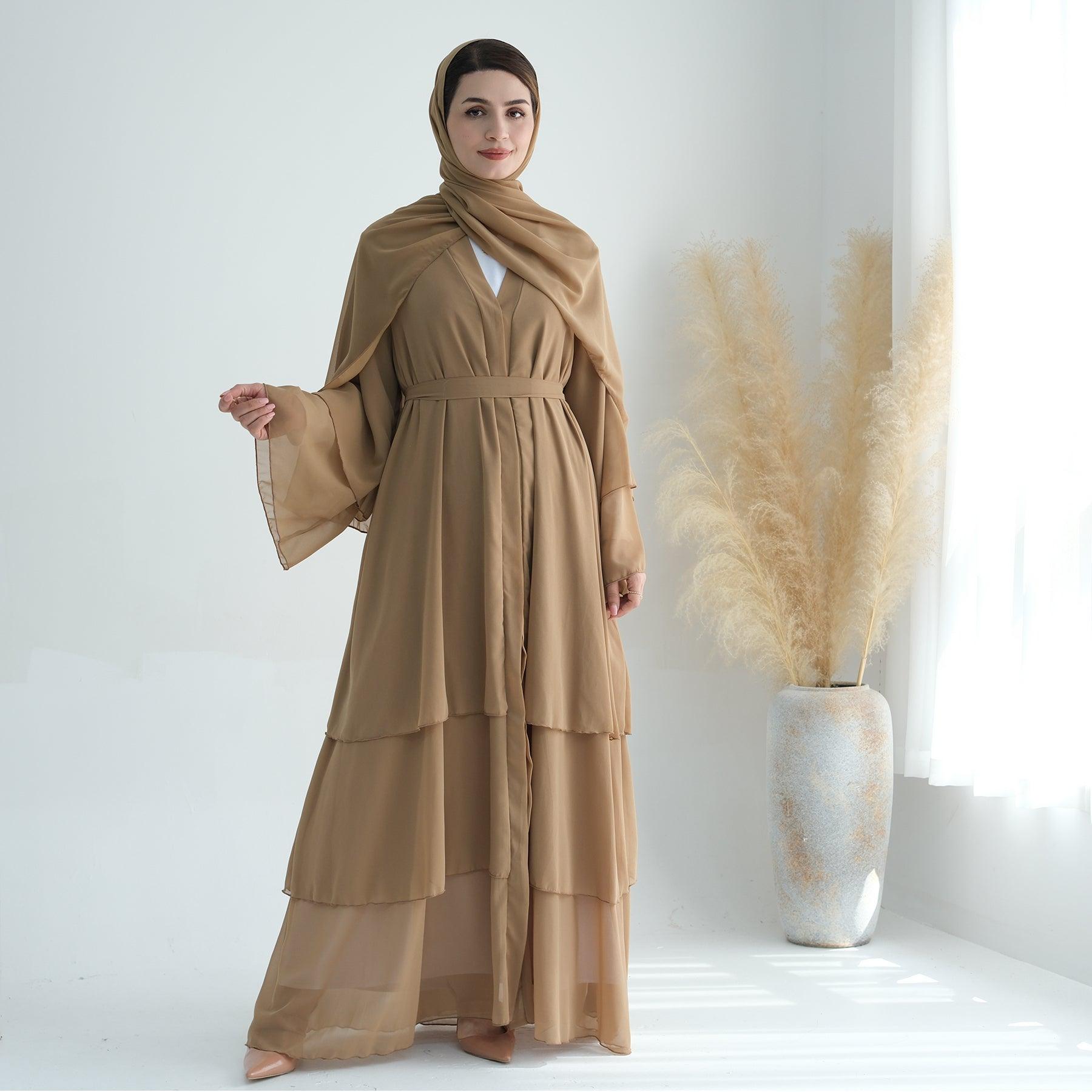 Khaki Open Abaya with Belt | Eolante Clothing 