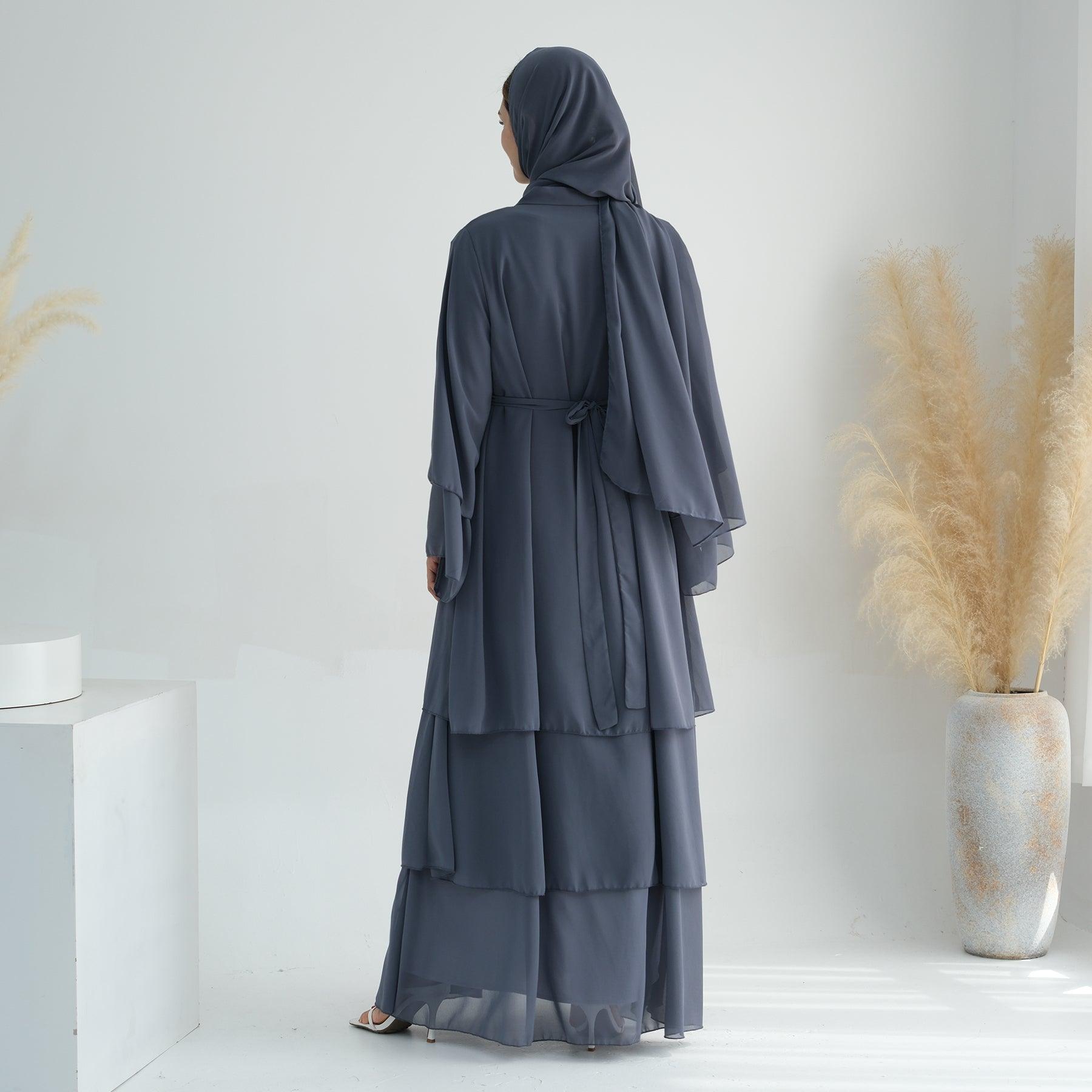 Gray Chiffon Abaya with Belt | Eolante Clothing 