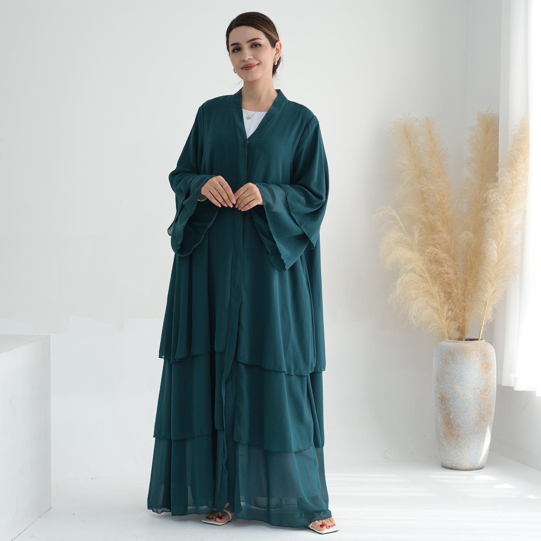 Chiffon Tiered Abaya in Dark Green | Eolante Clothing 