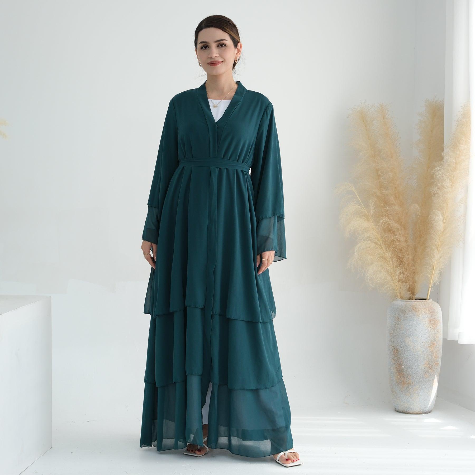 Open Abaya with Belt in Dark Green | Eolante Clothing 