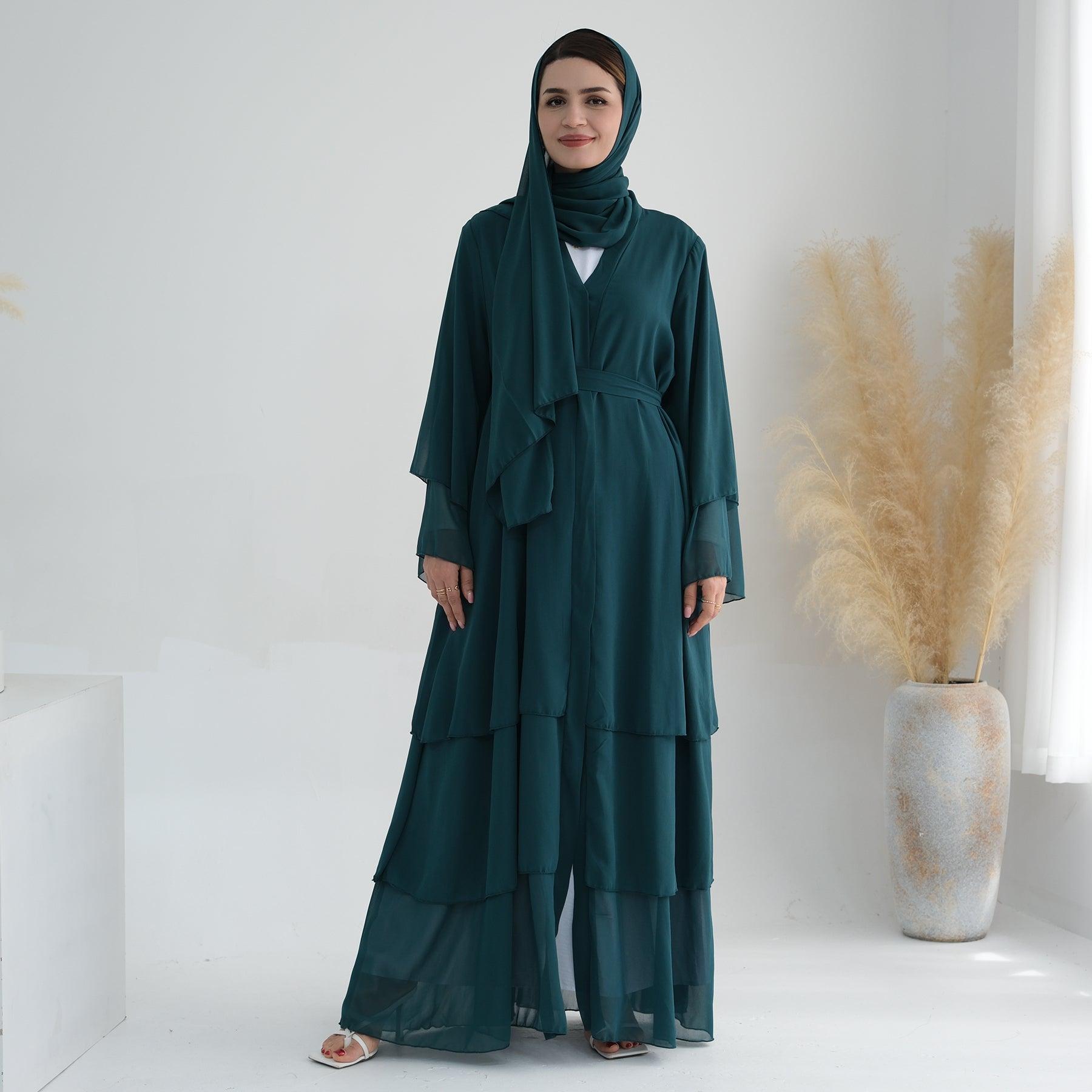 Tiered Chiffon Abaya & Belt in Dark Green | Eolante Clothing 