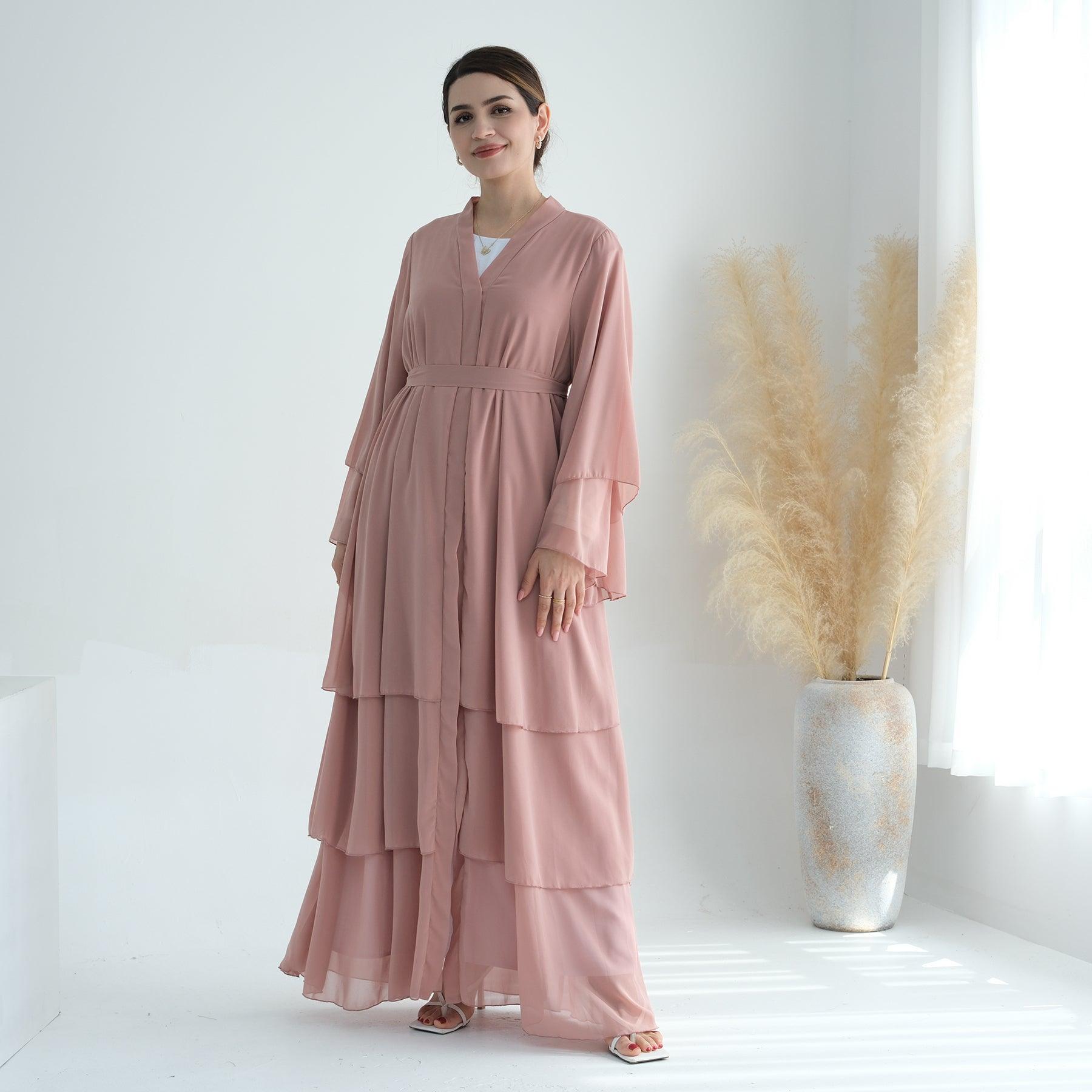 Chiffon Tiered Abaya in Petal Pink | Eolante Clothing 