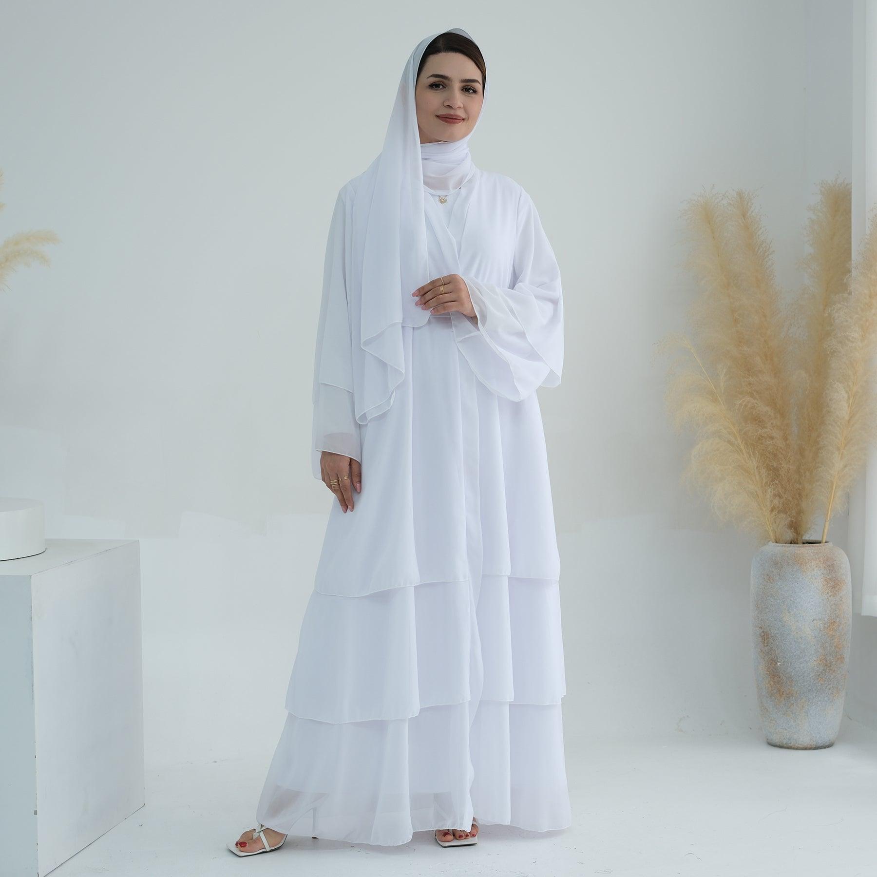 Open Abaya & Belt in White Chiffon | Eolante Clothing 