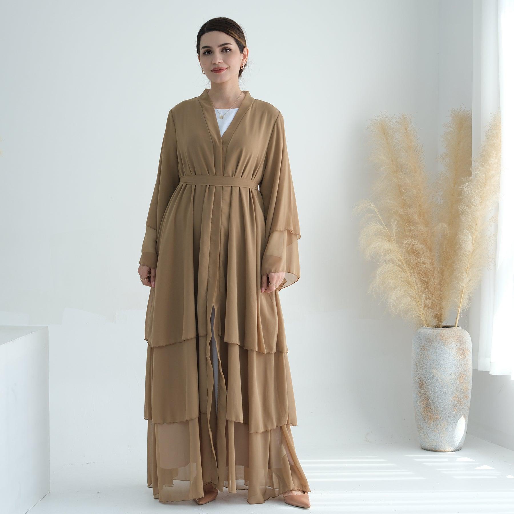 Open Abaya in Chiffon Tiered with Belt | Eolante Clothing 