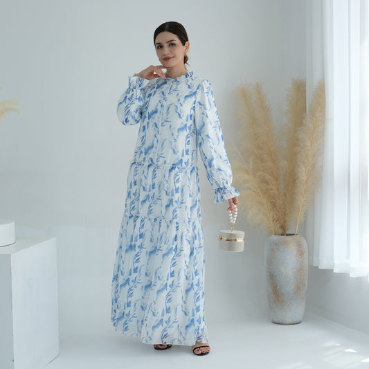 Chiffon Floral Maxi Dress Abaya with Belt