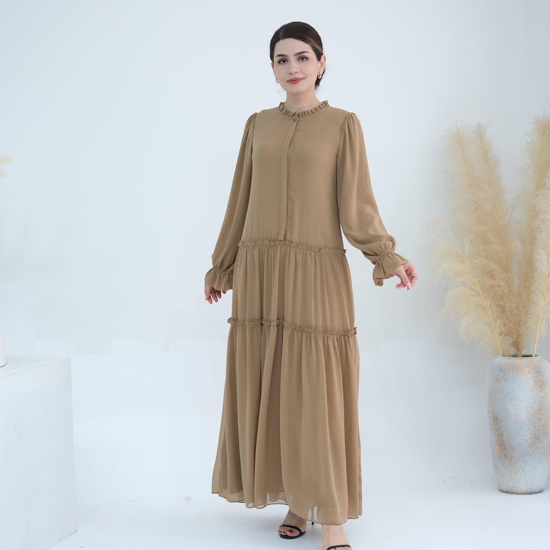 Chiffon Maxi Dress Abaya & Belt in Khaki | Eolante Clothing 