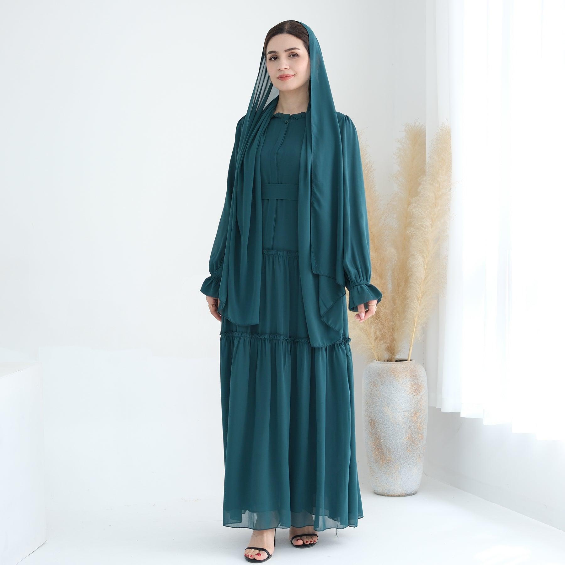  Chiffon Abaya Maxi with Belt in Sea Green | Eolante Clothing 