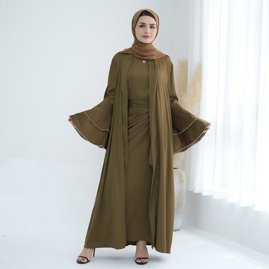 2 Piece Satin Abaya Set, Flare Sleeves Dress and Pants - Eolante Clothing