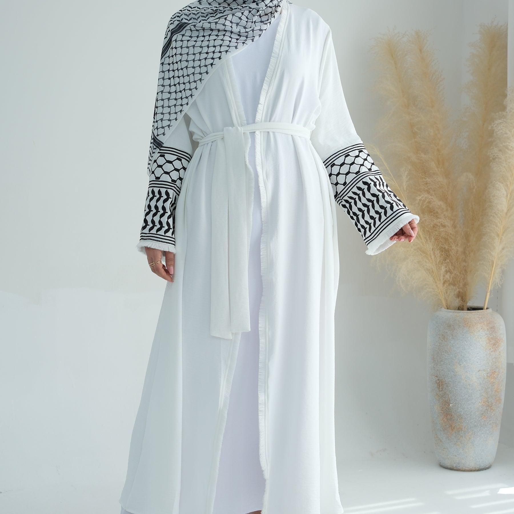 White Open Abaya with Dove Pattern | Eolante Clothing 