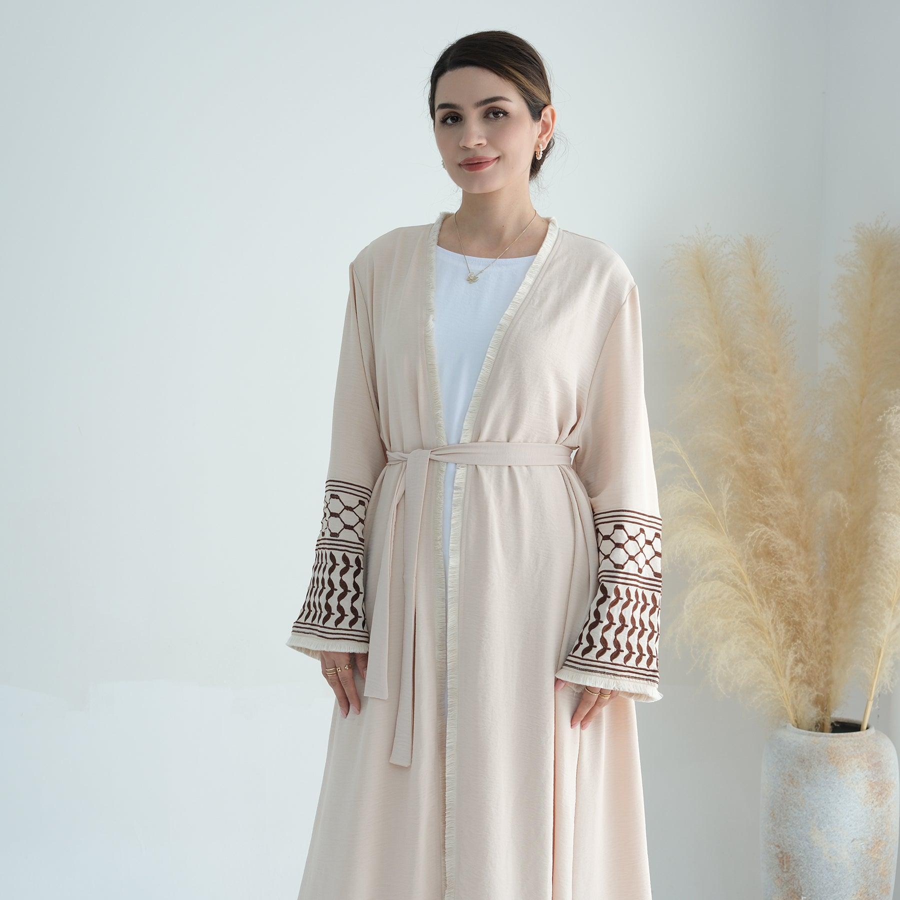 Beige Open Abaya with Dove Pattern | Eolante Clothing 