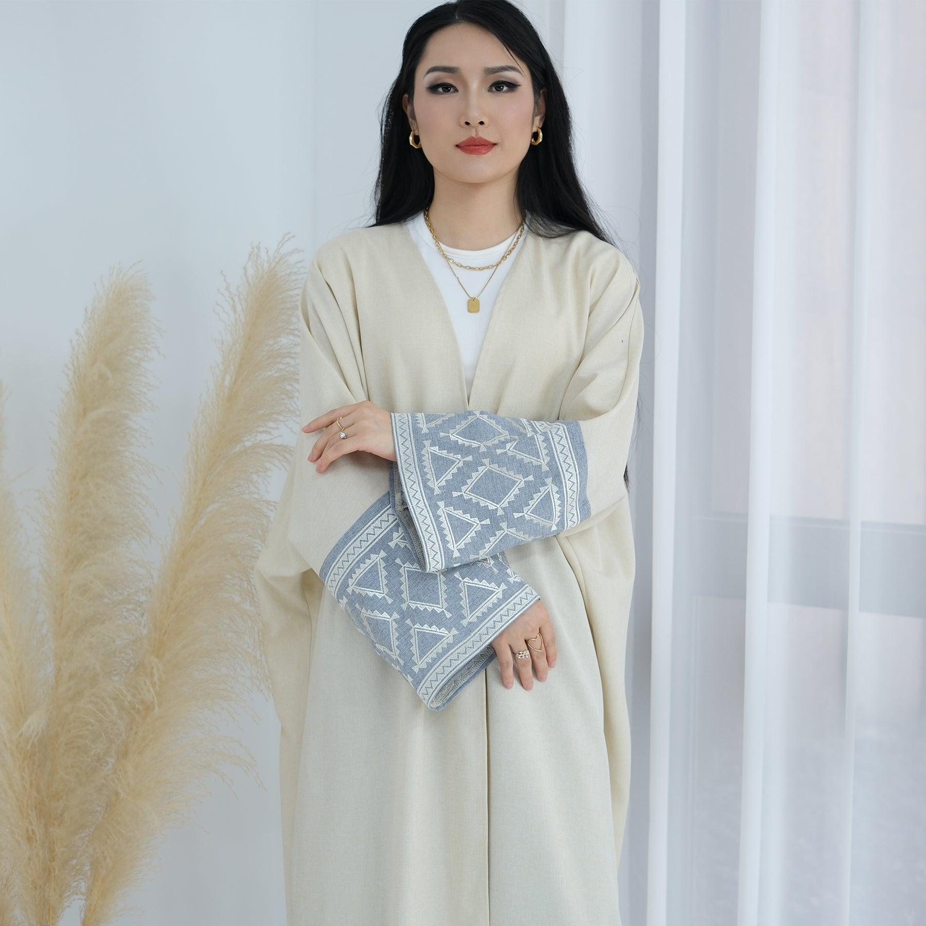 Open Abaya in Beige with Geometric Design | Eolante Clothing 