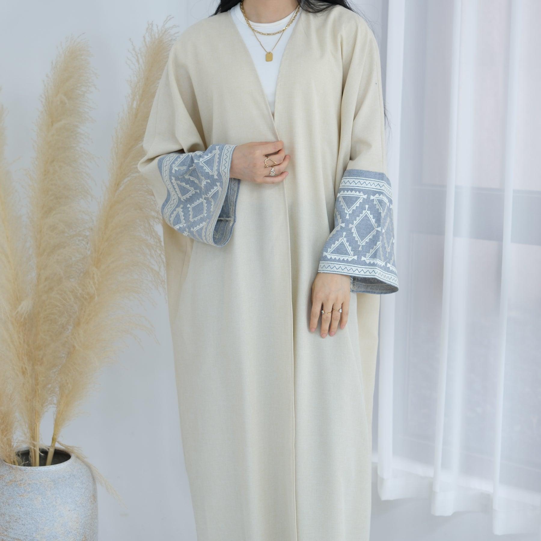 Geometric Embroidered Abaya in Beige | Eolante Clothing 