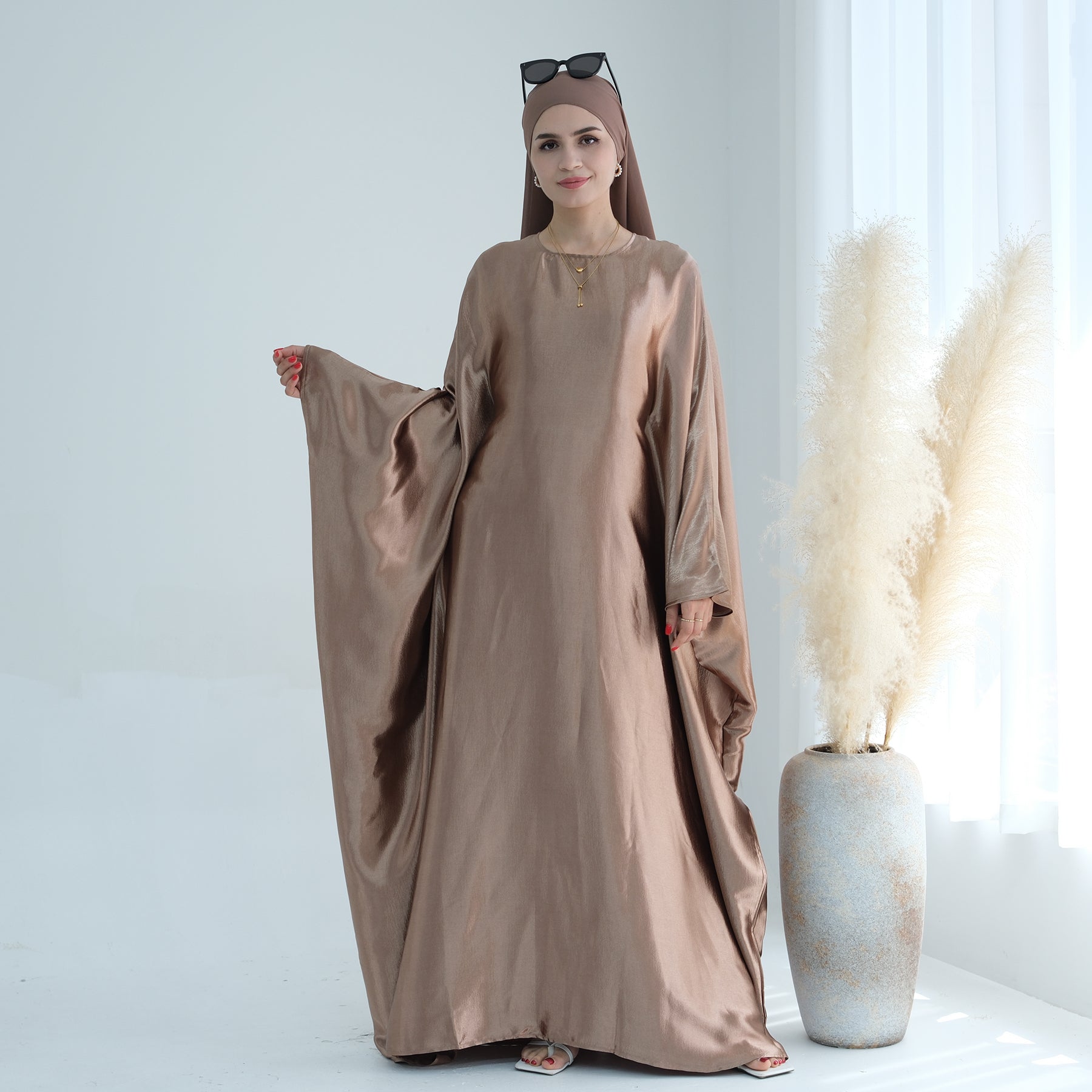 Coffee Satin Maxi Dress Abaya | Eolante Clothing 