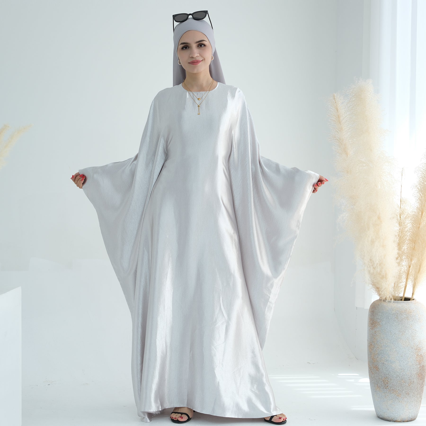 Maxi Dress Abaya in White Satin | Eolante Clothing 