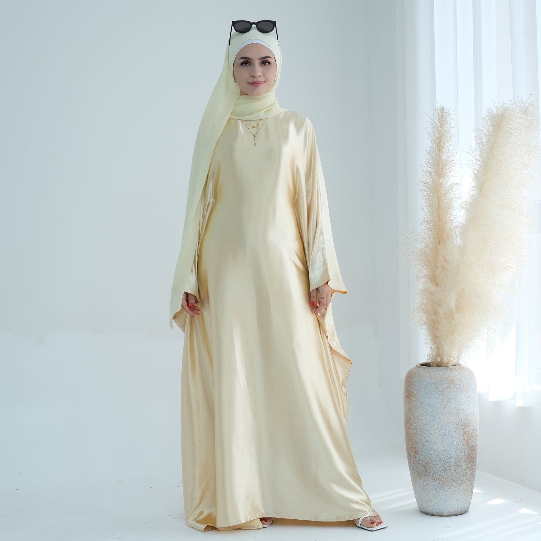 Maxi Dress Abaya in Light Yellow Satin | Eolante Clothing 