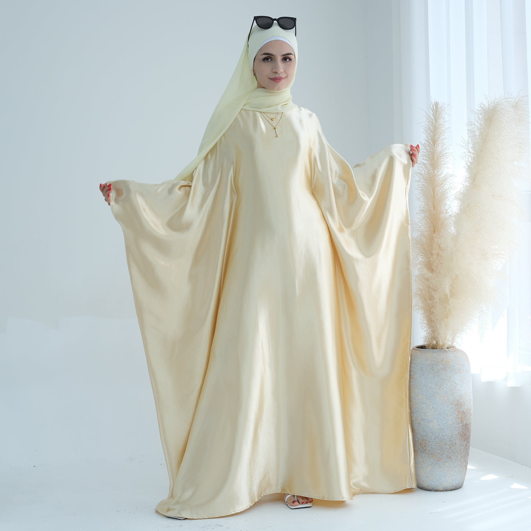 Butterfly Sleeve Abaya Dress in Light Yellow | Eolante Clothing 