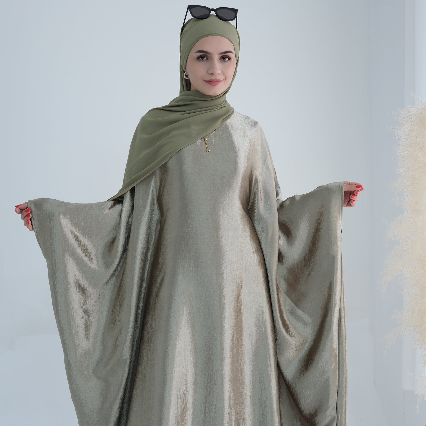 Satin Dress Abaya in Olive Green | Eolante Clothing 