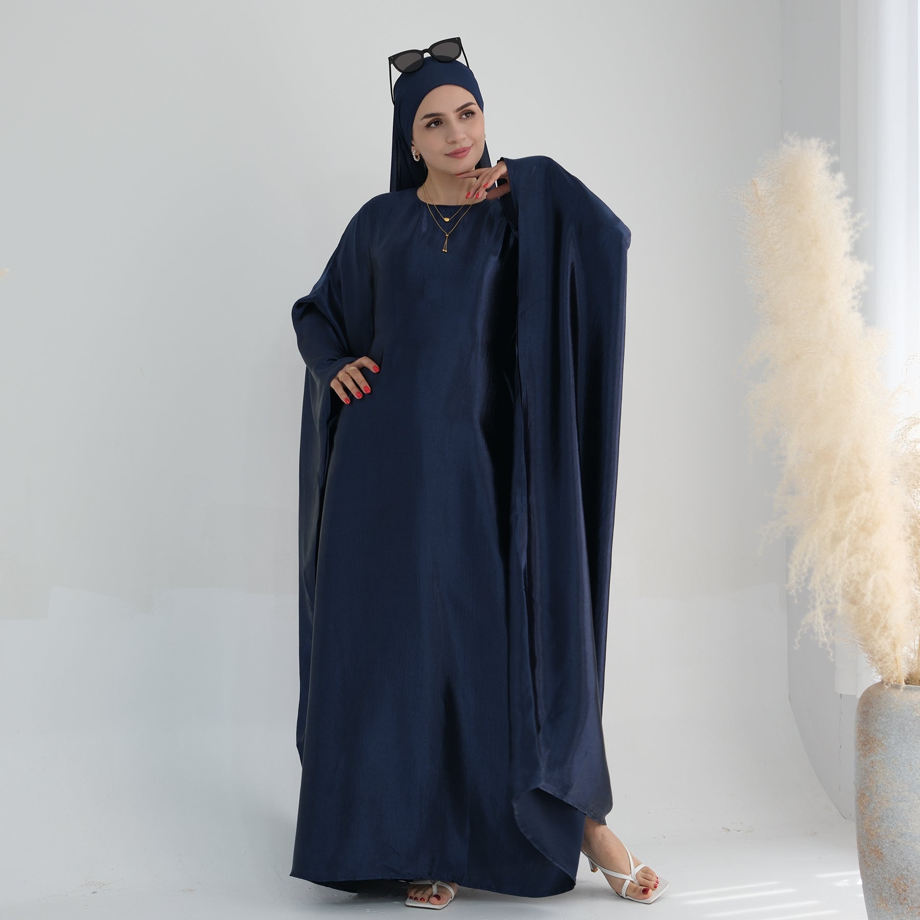 Satin Batwing Maxi Abaya in Navy | Eolante Clothing 